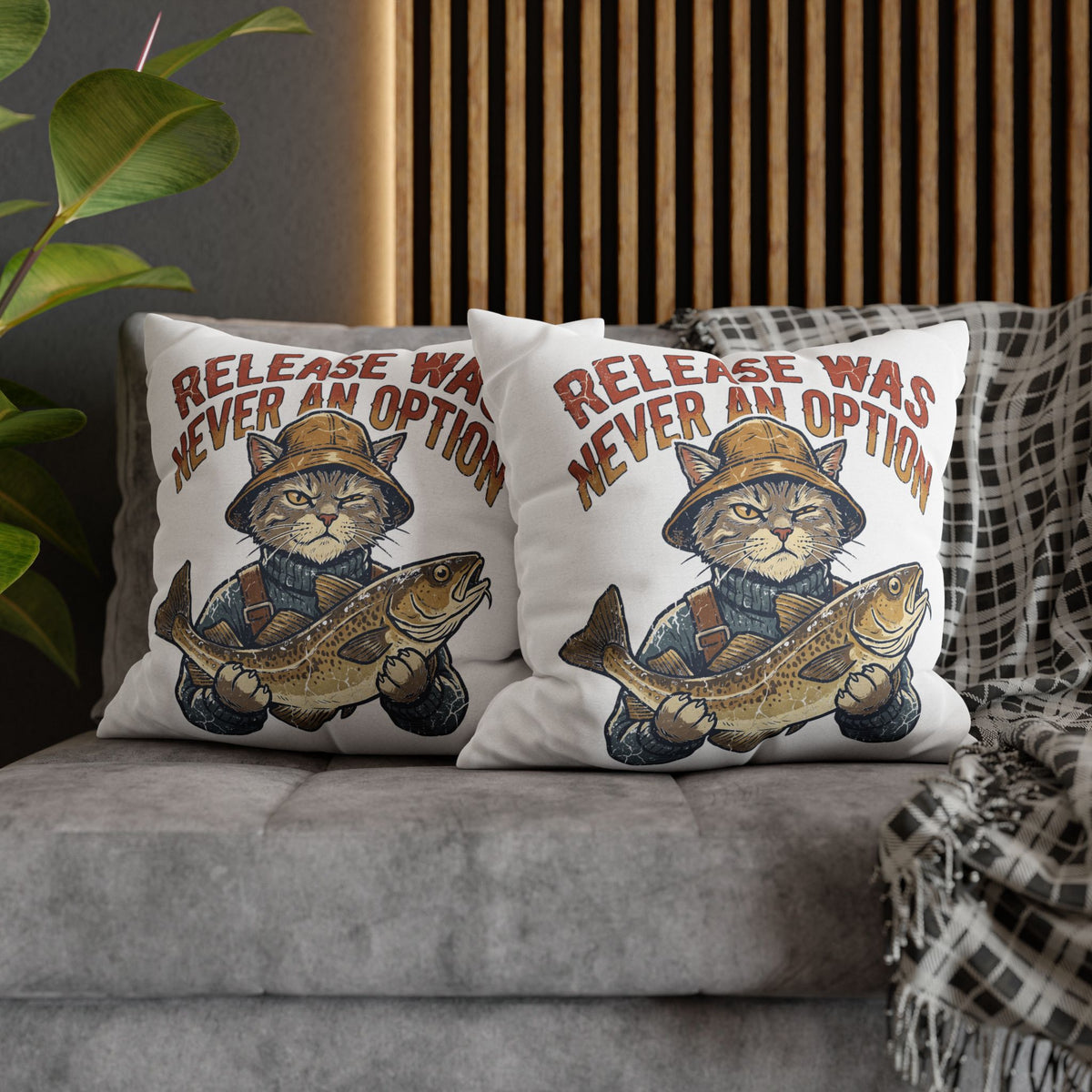 Funny Cat Angler Pillowcase - "Release Was Never An Option" Fishing Throw Pillow