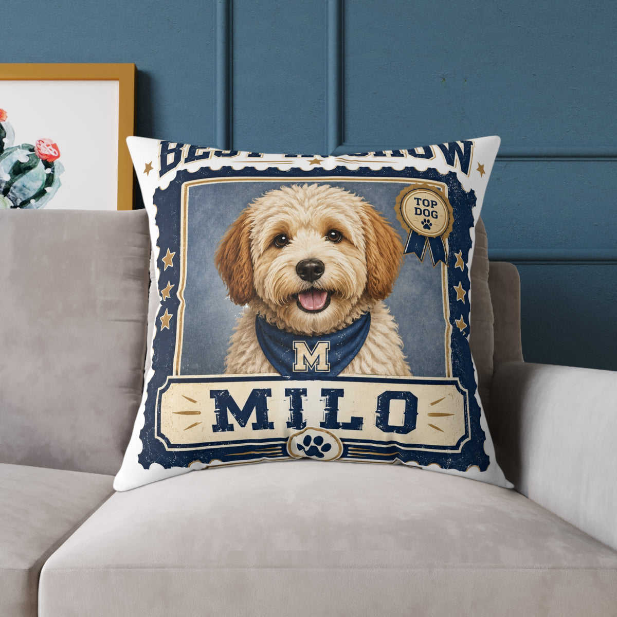 Personalized Dog Pillow  Milo Bailey Dog Dad Mom— 'Best at Show' Milo Pet Portrait Square Throw Pillow