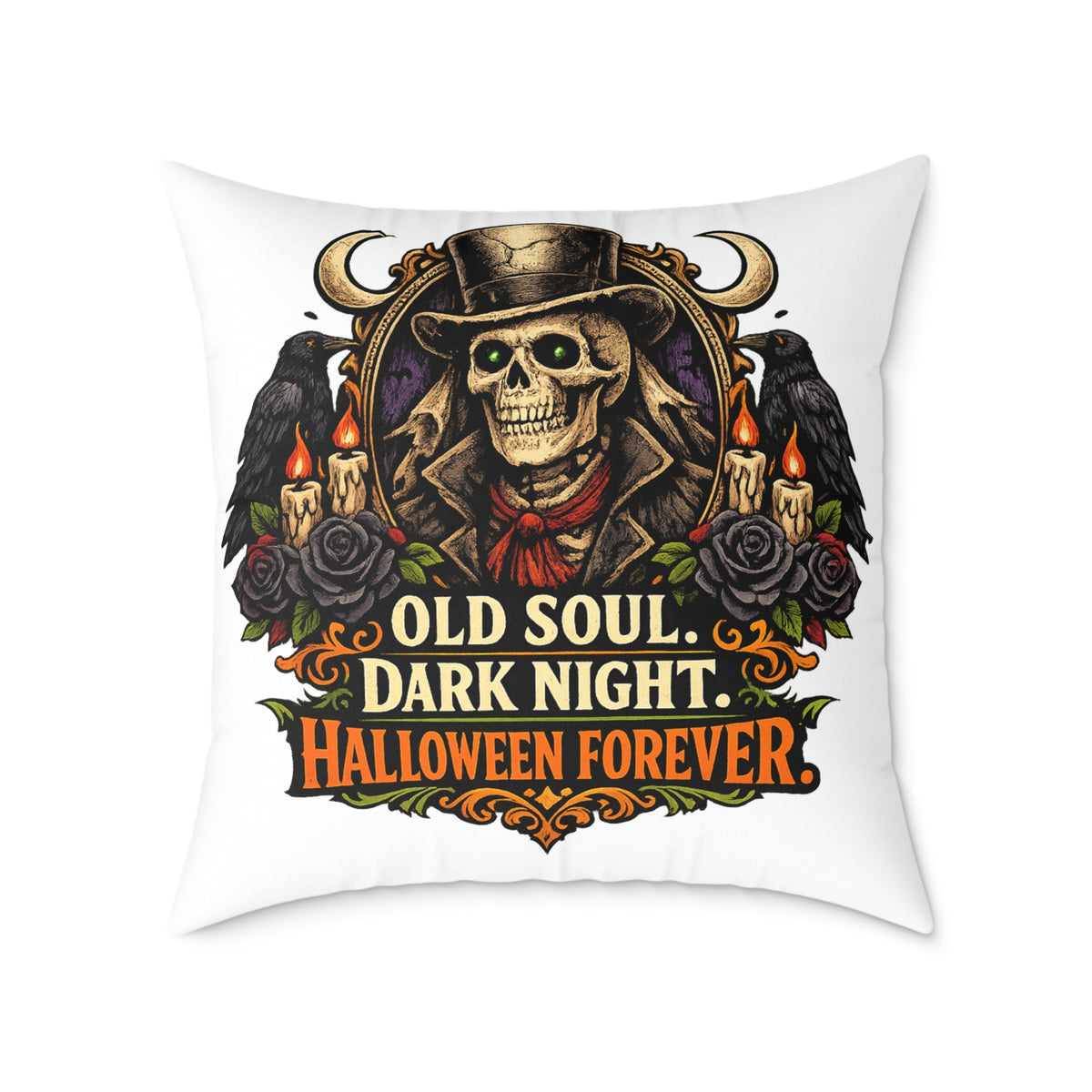 Halloween Skeleton Pillow - "Old Soul, Dark Night. Halloween Forever" Square Decorative Cushion