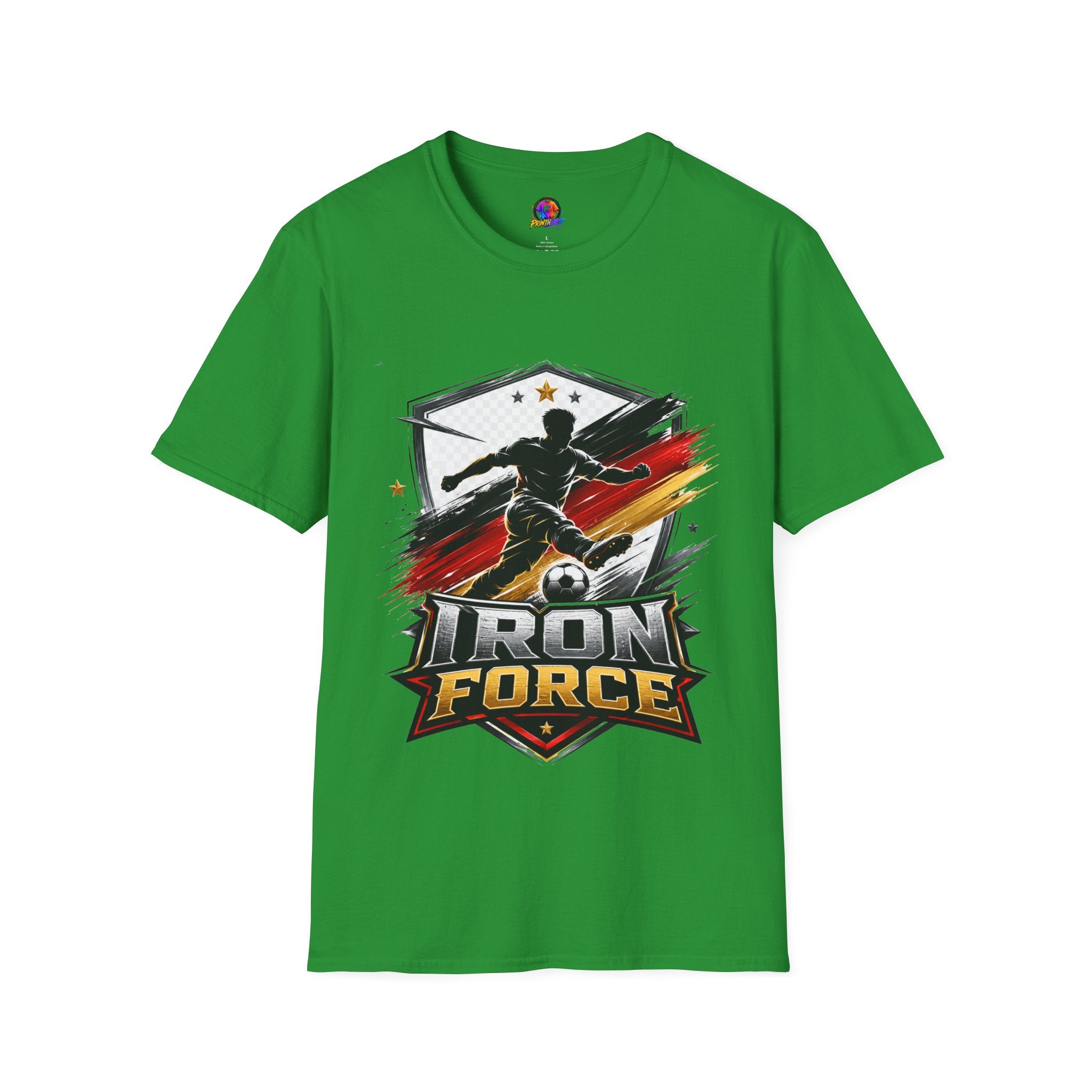 Germany Soccer 'Iron Force' Graphic T-Shirt — Player Silhouette with Red & Gold Brushstroke Emblem