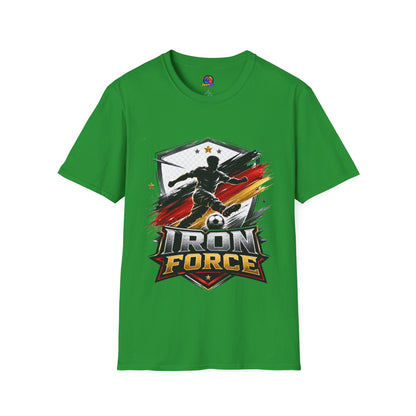 Germany Soccer 'Iron Force' Graphic T-Shirt — Player Silhouette with Red & Gold Brushstroke Emblem