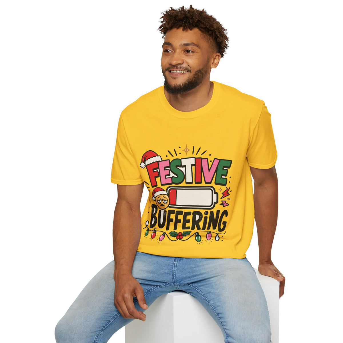 Festive Buffering T-Shirt — Funny Holiday Christmas Tee with Loading Battery Design