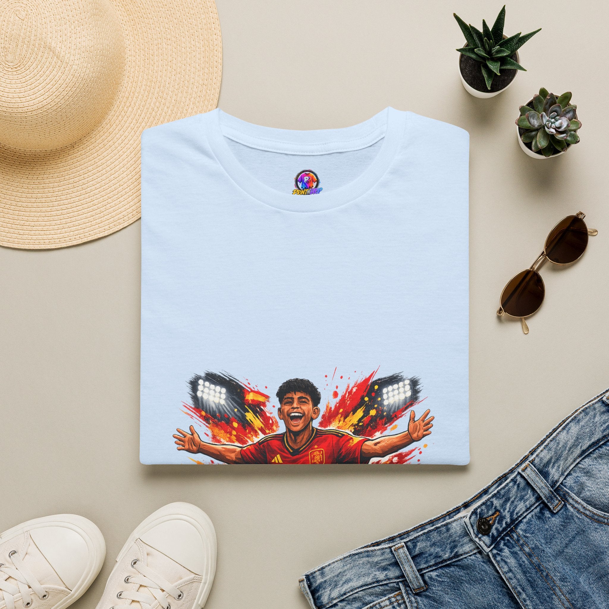 Spain Soccer Fan Portrait T‑Shirt – Fiery Goal Celebration Design