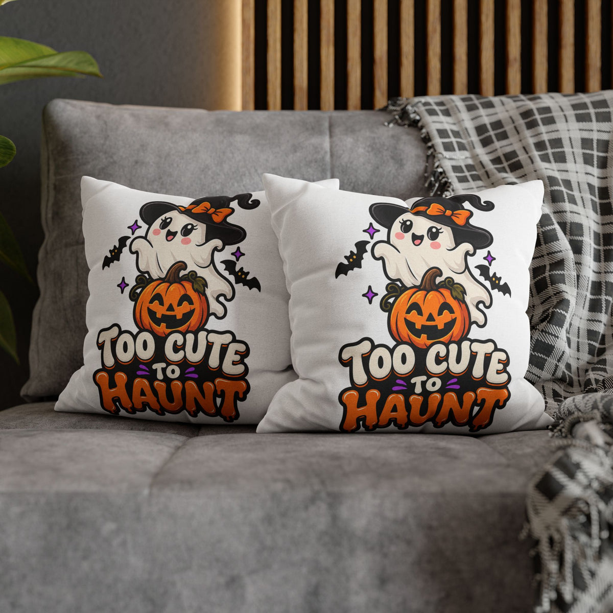 Halloween Pillowcase — "Too Cute to Haunt" Ghost Pumpkin Decorative Pillow Cover
