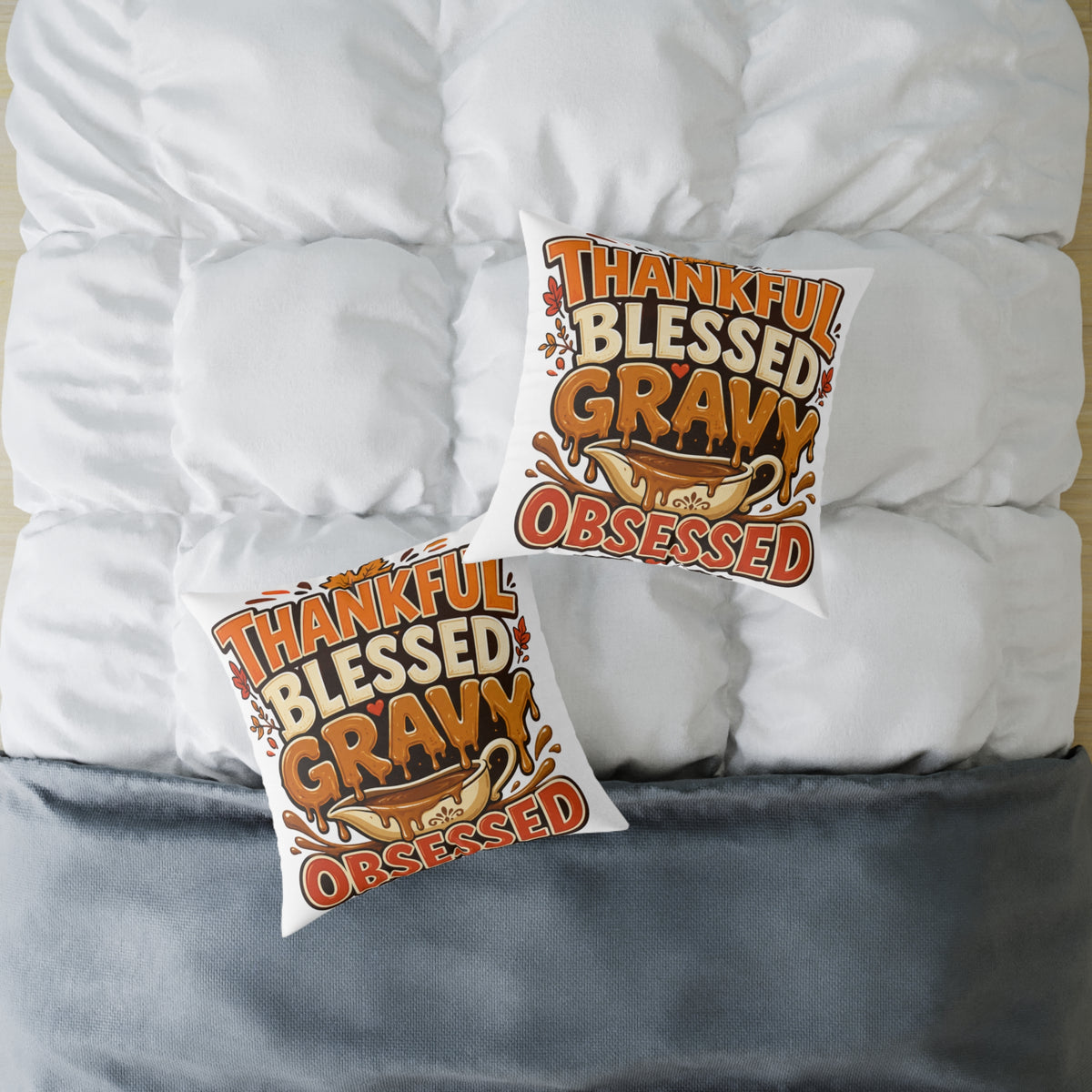 Thanksgiving Thankful Blessed Gravy Obsessed Pillow — Thanksgiving Holiday Decorative Throw Pillow