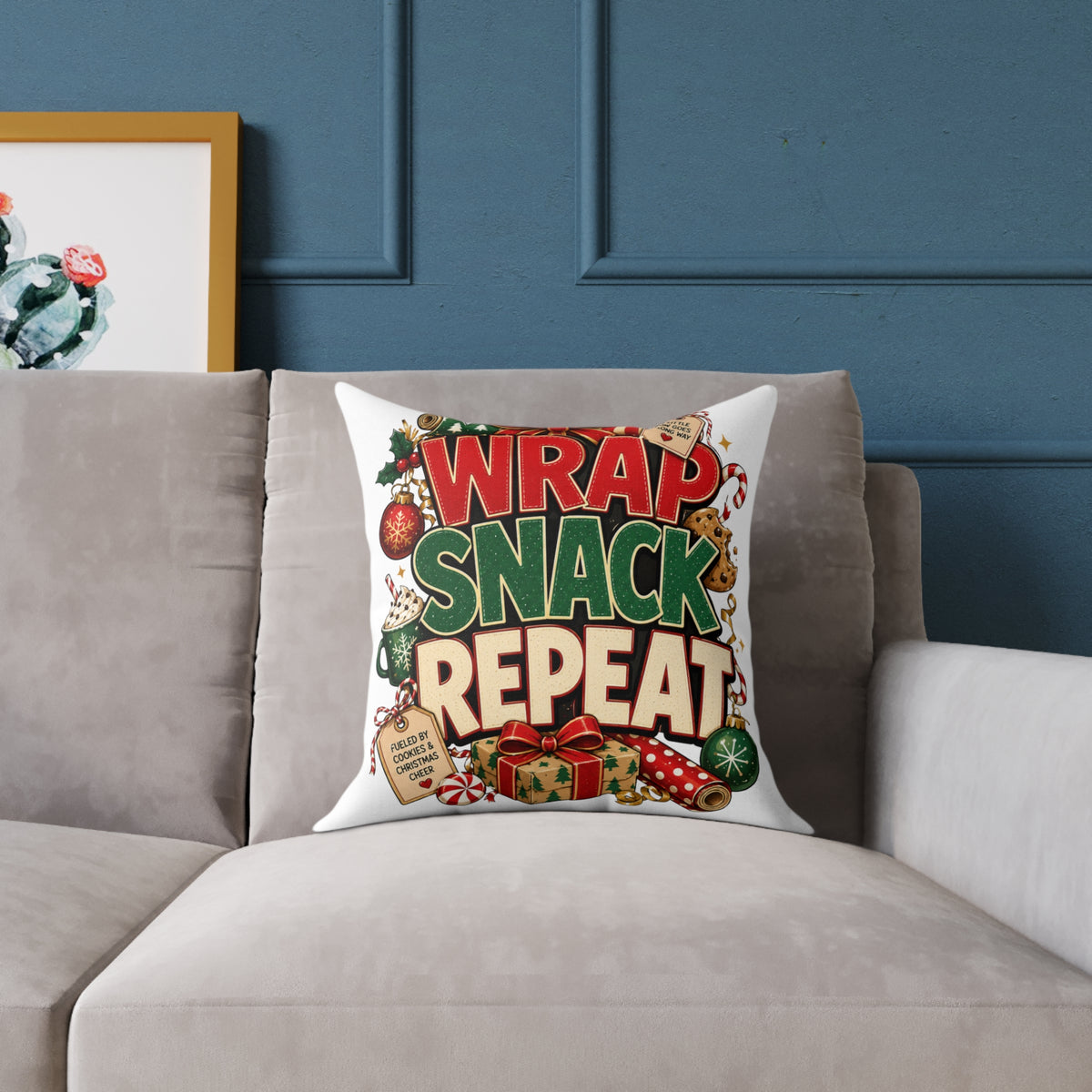 Christmas Holiday Pillow - "Wrap Snack Repeat" Christmas Decorative Throw Pillow