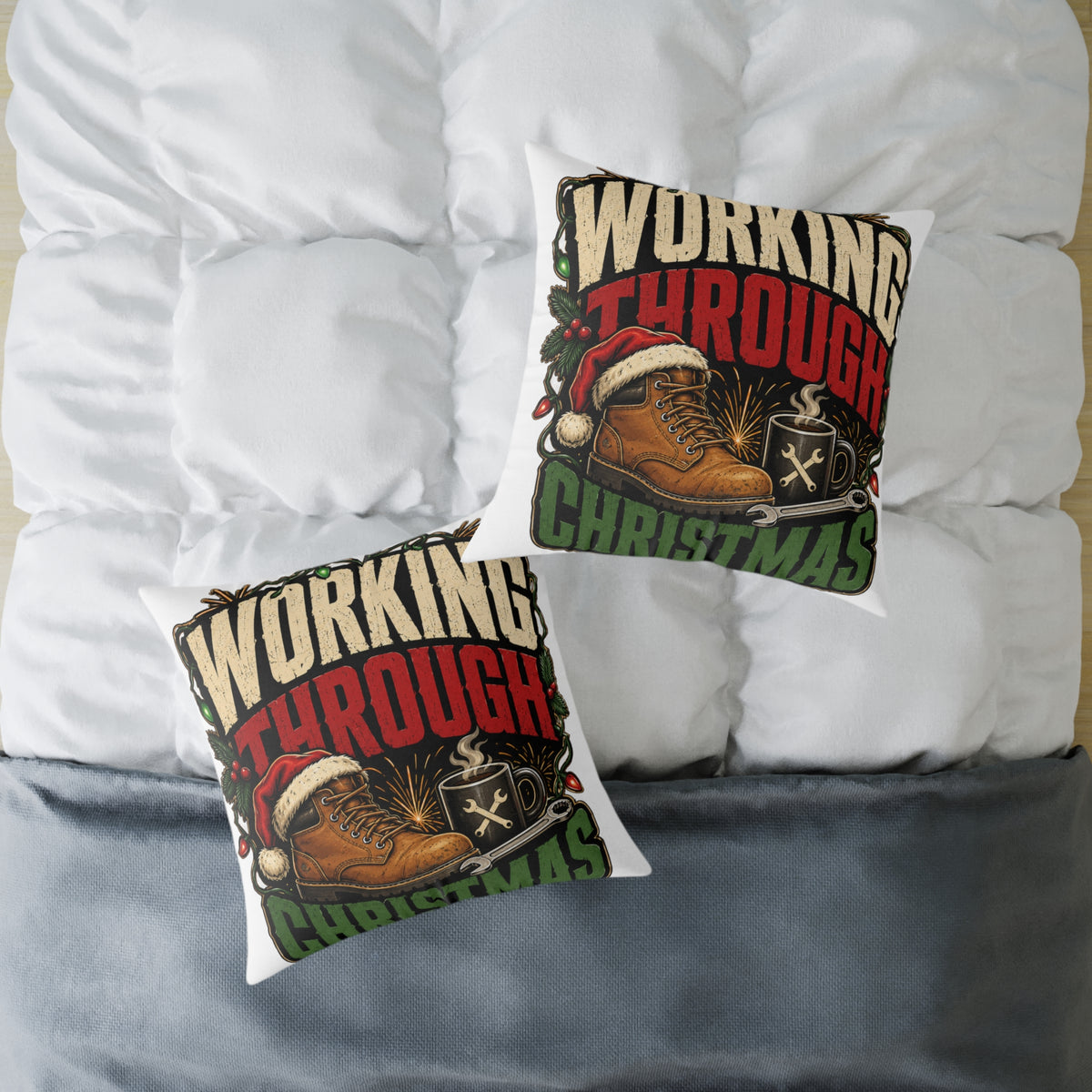 Working Through Christmas Modern Day Christmas Decorative Pillow — Holiday Boot & Coffee Throw Pillow