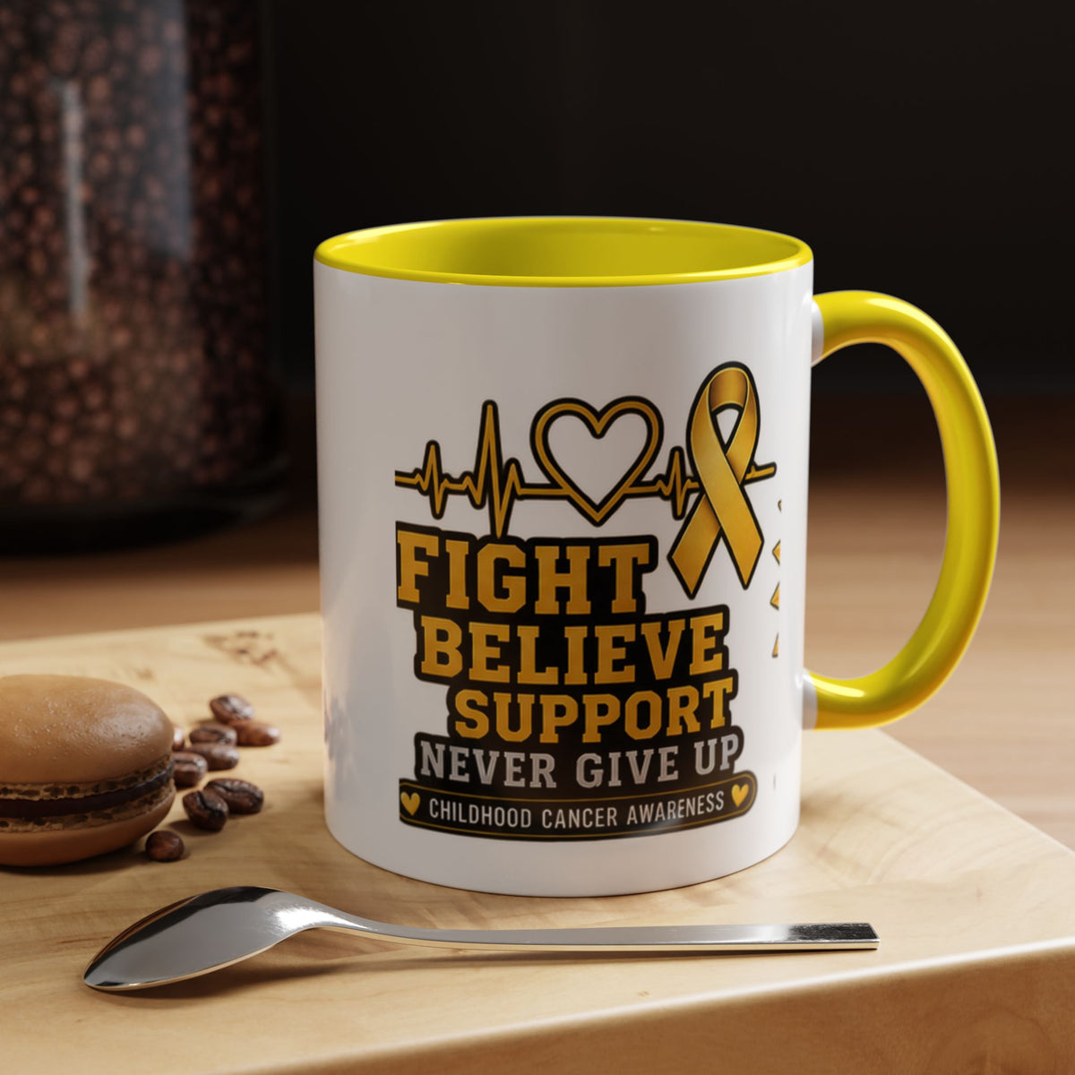 Childhood Cancer Awareness Accent Coffee Mug — "Fight Believe Support" 11/15oz