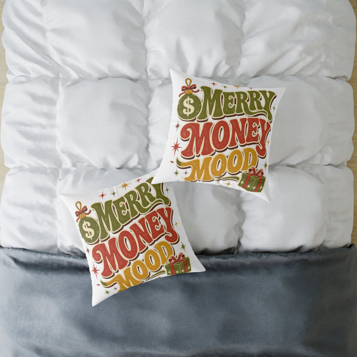 Modern Day Christmas Merry Money Mood Pillow — Festive Retro Holiday Throw Pillow