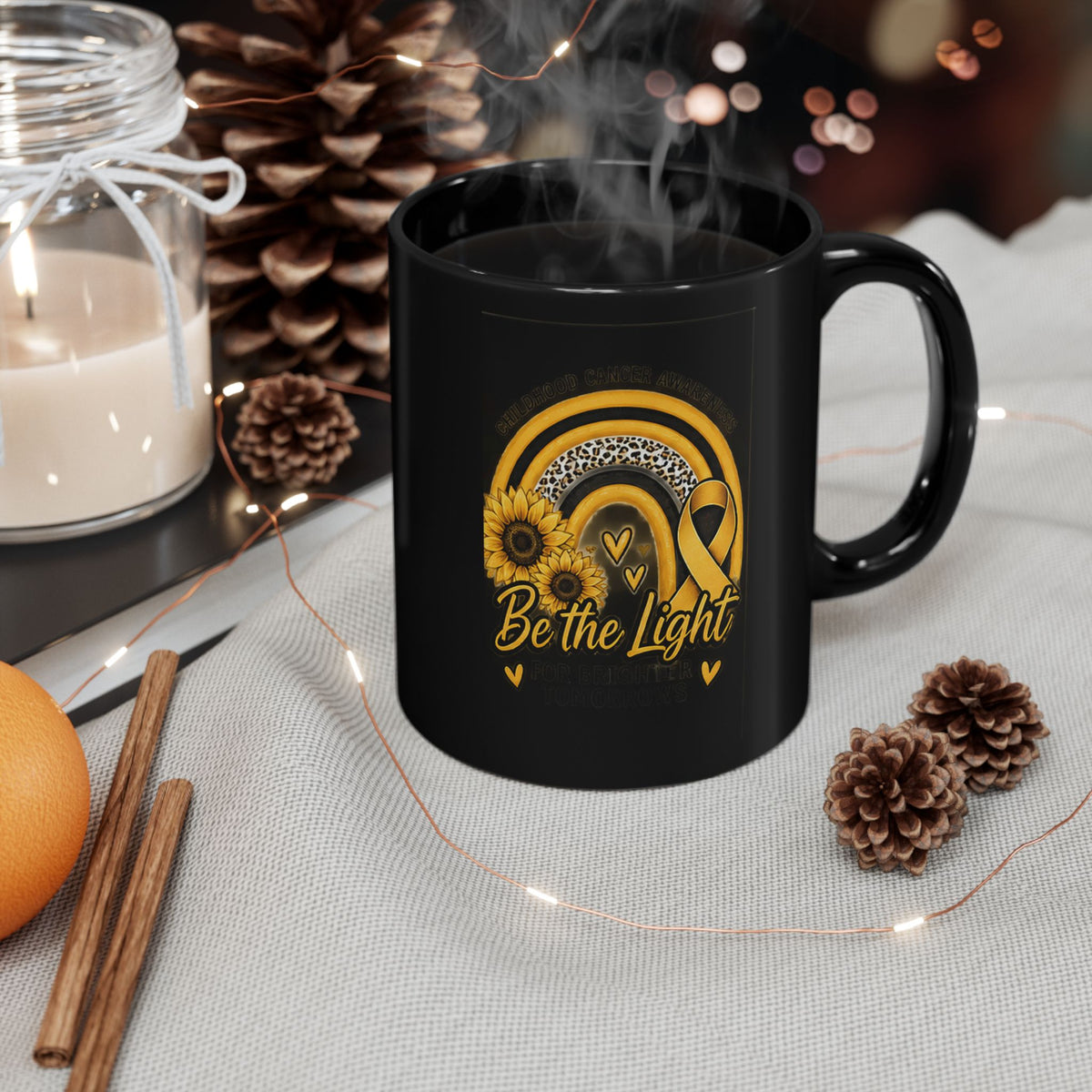 Be the Light Yellow Ribbon Sunflower Mug —Childhood Cancer  Inspirational Black Coffee Cup (11oz, 15oz)