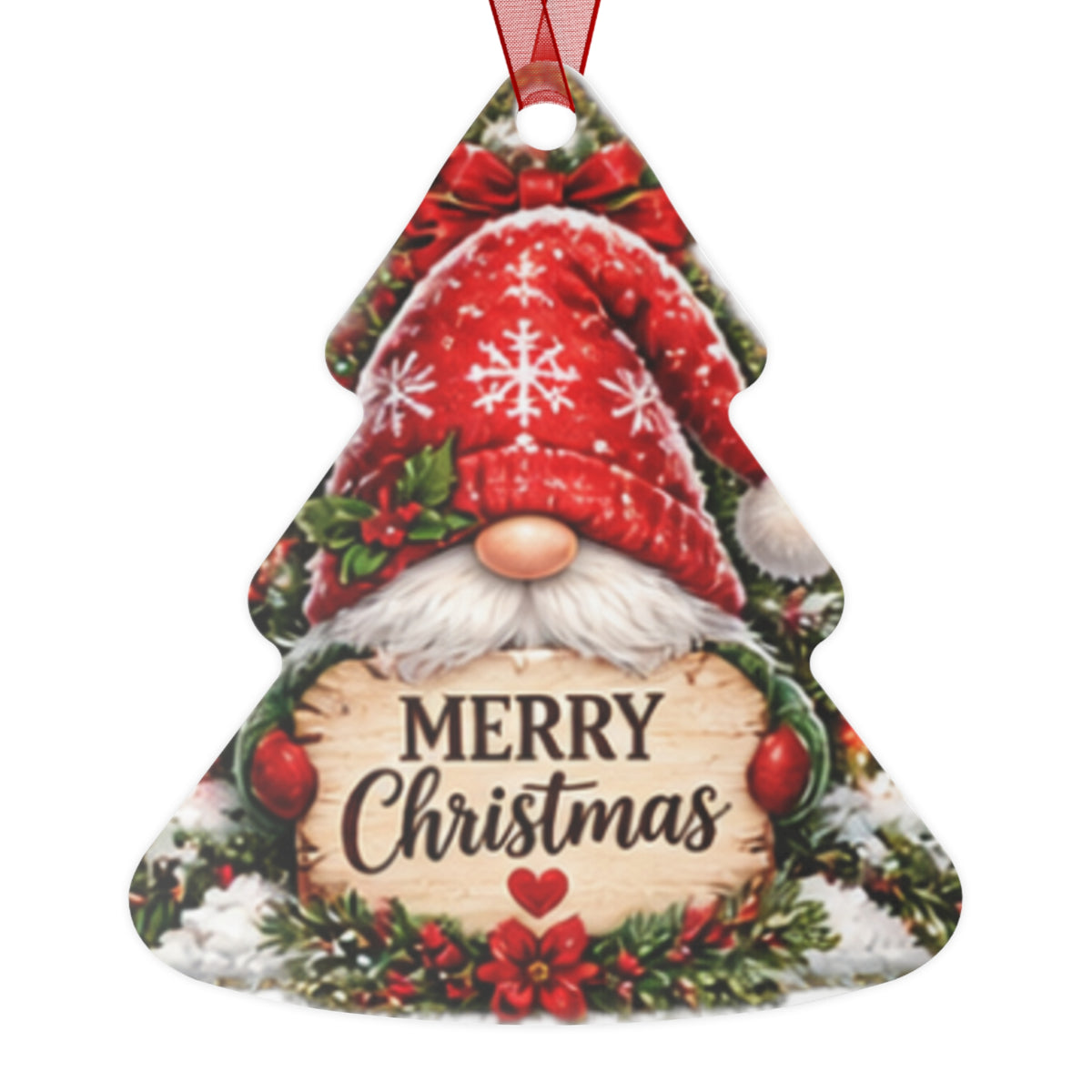 Merry Christmas Gnome Metal Ornament — Tree-Shaped Holiday Decoration
