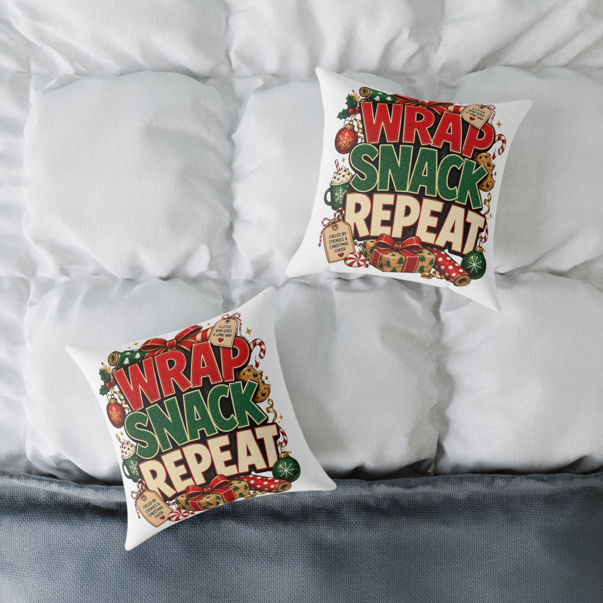 Christmas Holiday Pillow - "Wrap Snack Repeat" Christmas Decorative Throw Pillow