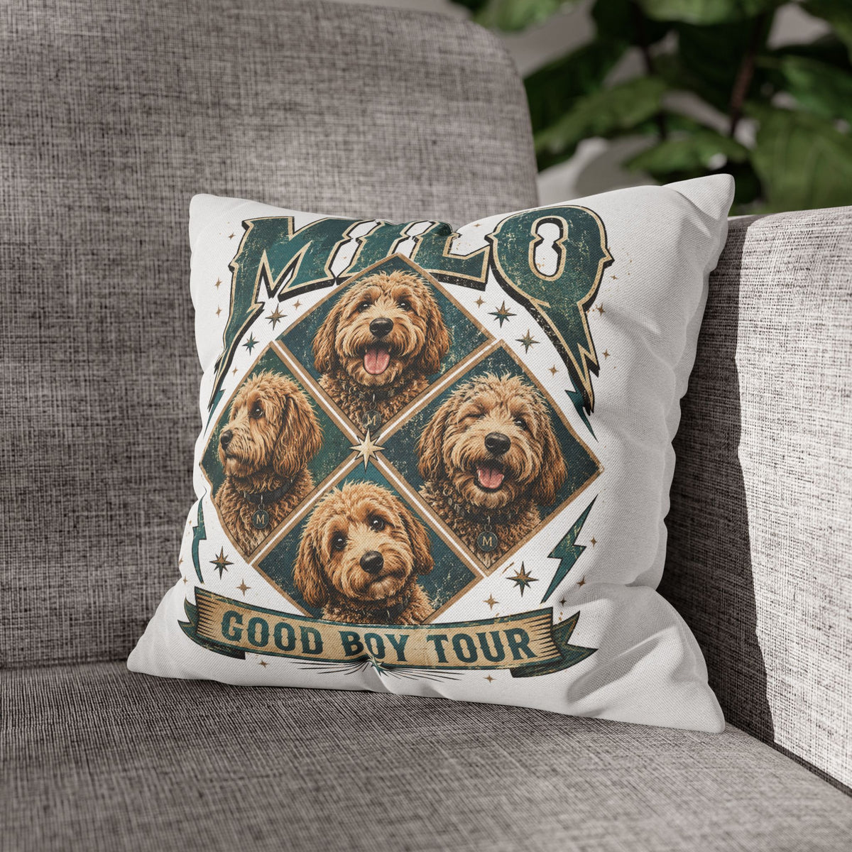 Milo “Good Boy Tour” Dog Photo Square Pillowcase Milo Bailey Dog Dad Mom