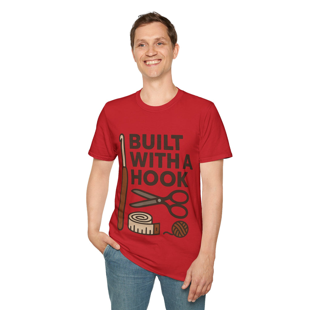 "Built With A Hook" Funny Crochet Graphic Tee - Minimalist Yarn Maker Crafting White T-Shirt - Trending Now - September 2026