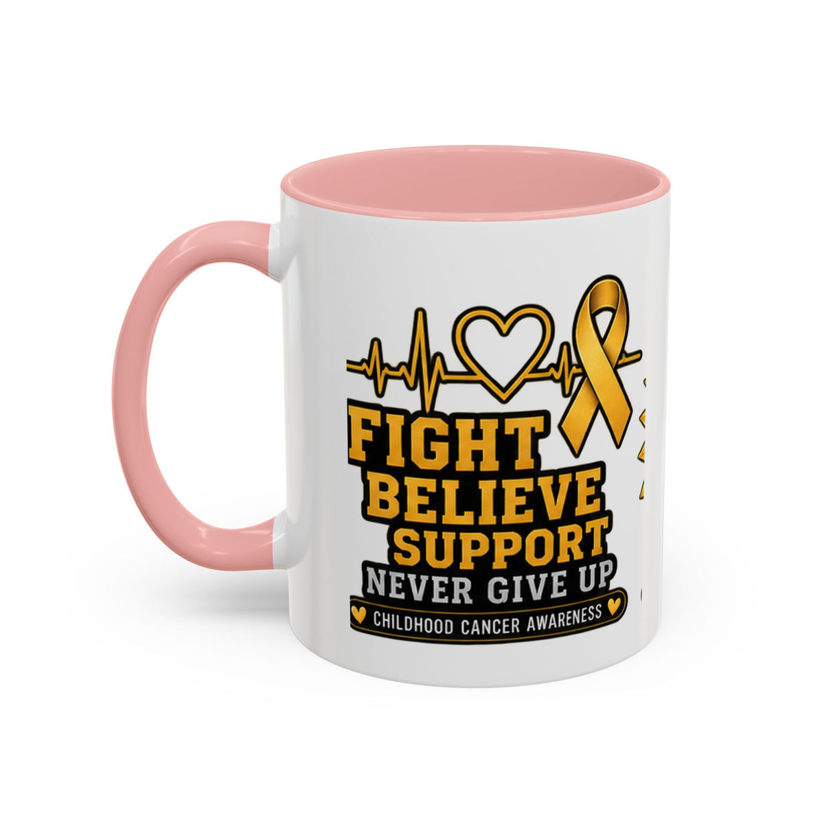 Childhood Cancer Awareness Accent Coffee Mug — "Fight Believe Support" 11/15oz