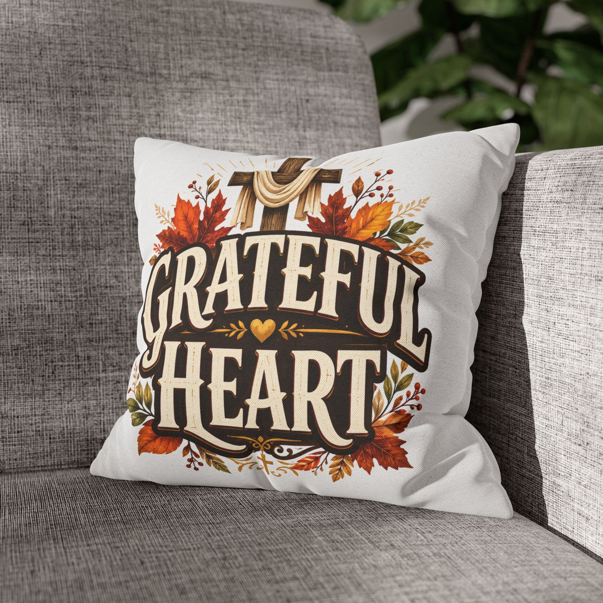 Thanksgiving Grateful Heart Throw Pillow — Autumn Cross Faith Decorative Pillowcase