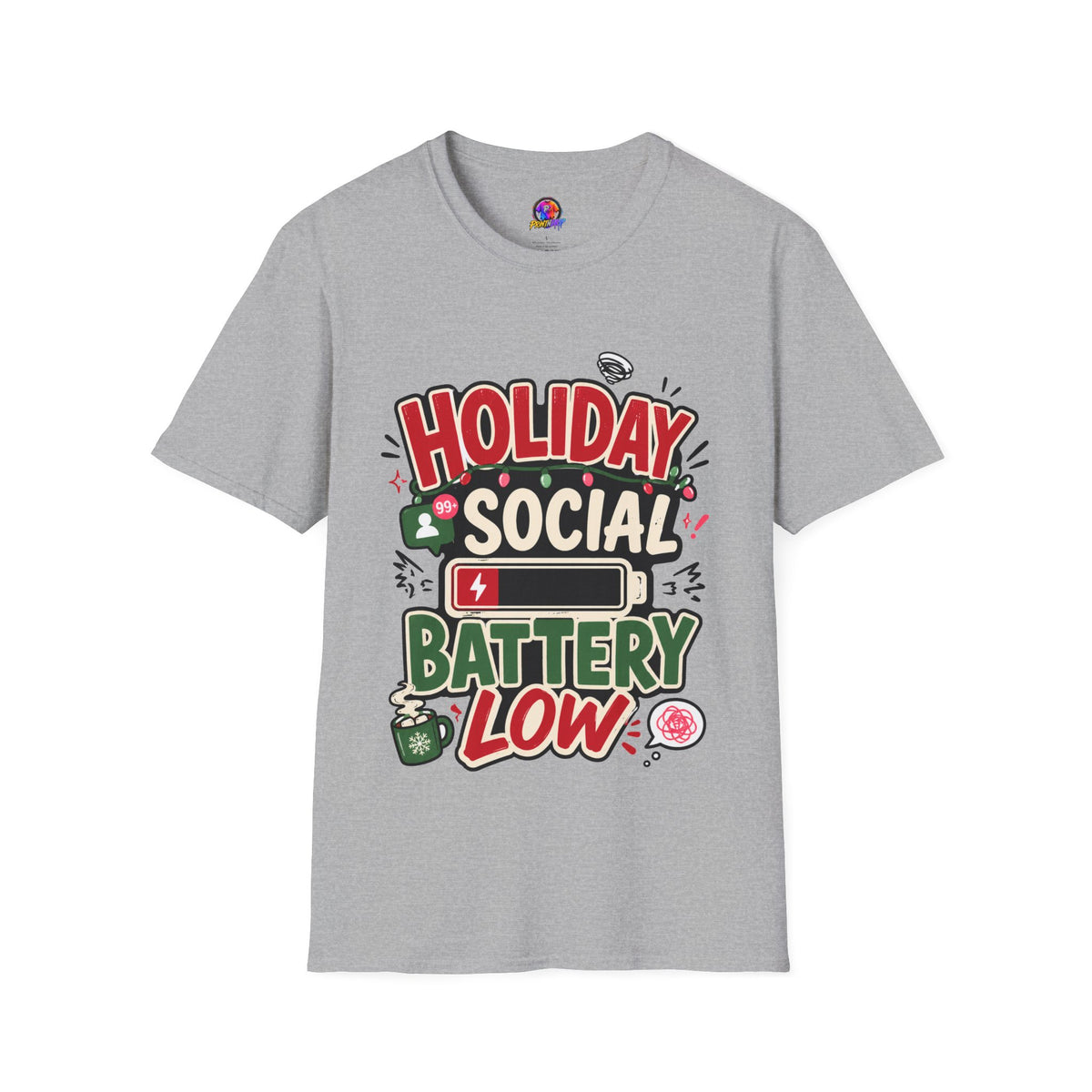 Holiday Social "Battery Low" T‑Shirt — Funny Festive Party Tee for Introverts & Holiday Gatherings