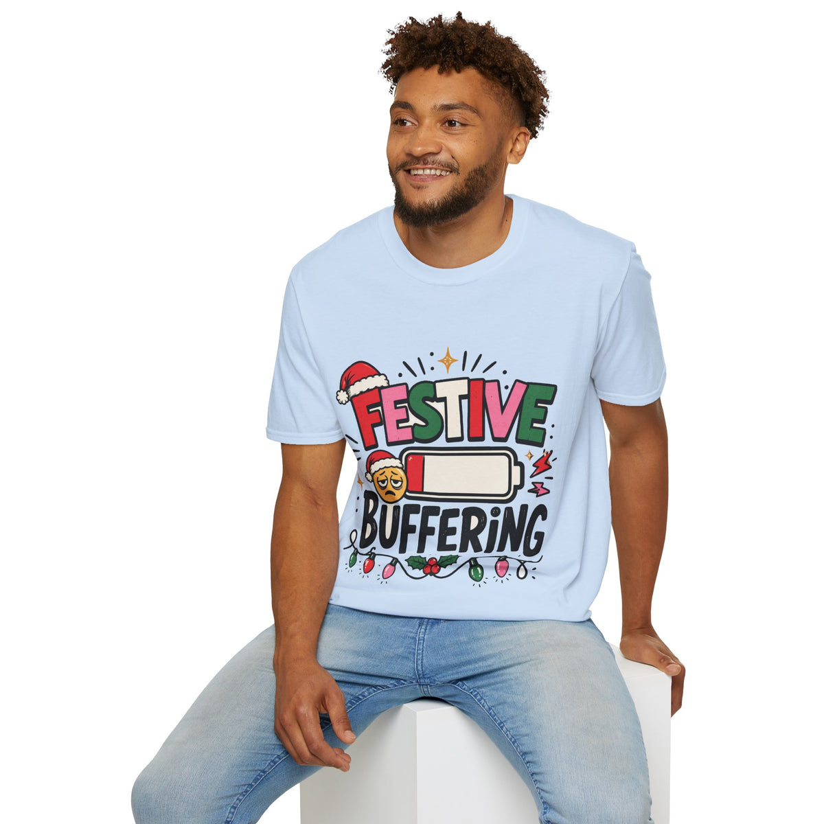Festive Buffering T-Shirt — Funny Holiday Christmas Tee with Loading Battery Design