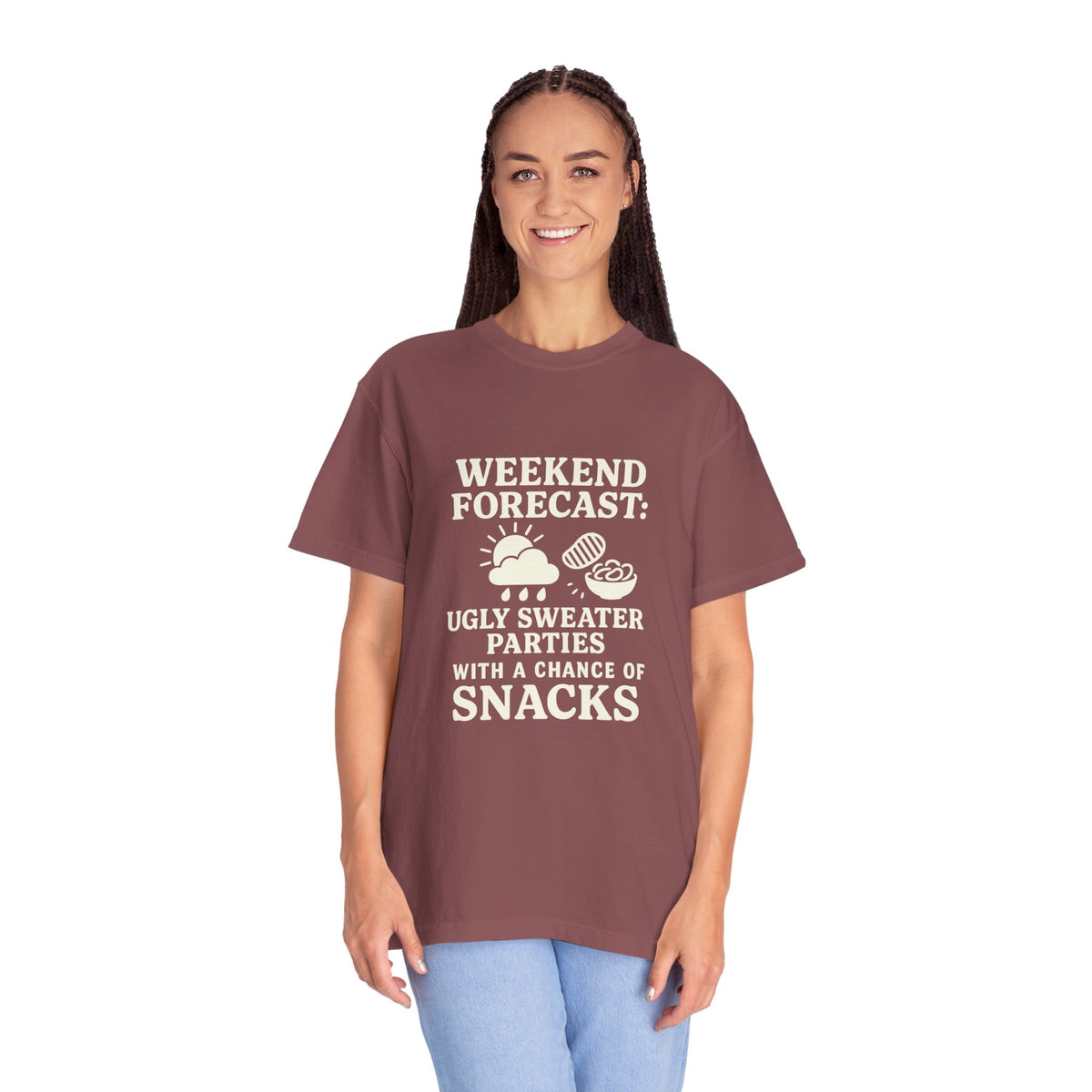 Weekend Forecast T-Shirt — "Ugly Sweater Parties with a Chan of Snacks" Holiday Tee - Trending Now - October 2026