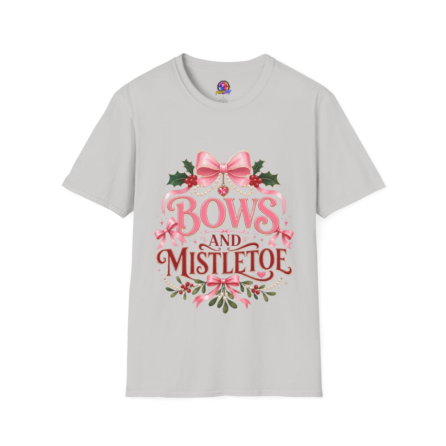 Bows and Mistletoe T-Shirt — Pink Holiday Bow Christmas Tee