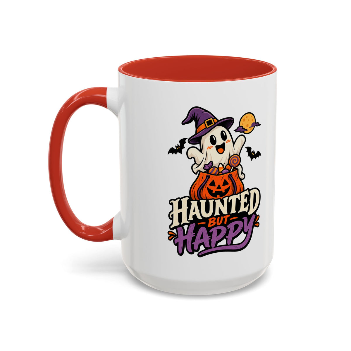 Haunted But Happy Coffee Mug — Halloween Ghost Pumpkin Accent Mug (11/15oz)