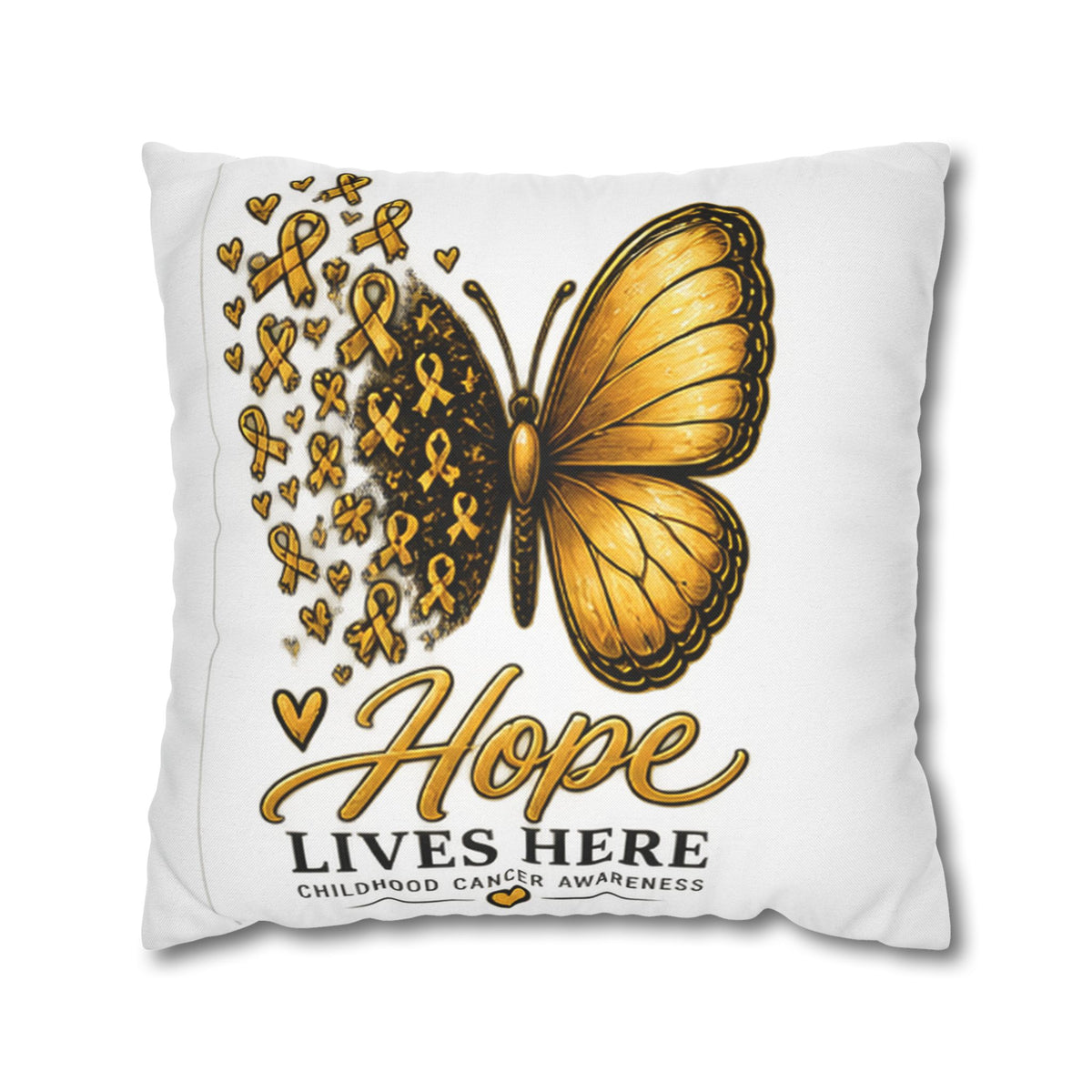 Childhood Cancer Awareness Pillow – "Hope Lives Here" Gold Ribbon Butterfly Square Pillowcase