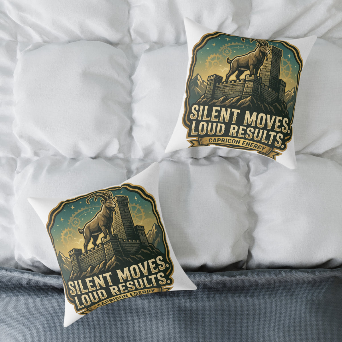 Capricorn Pillow — "Silent Moves, Loud Results" Square Throw Pillow