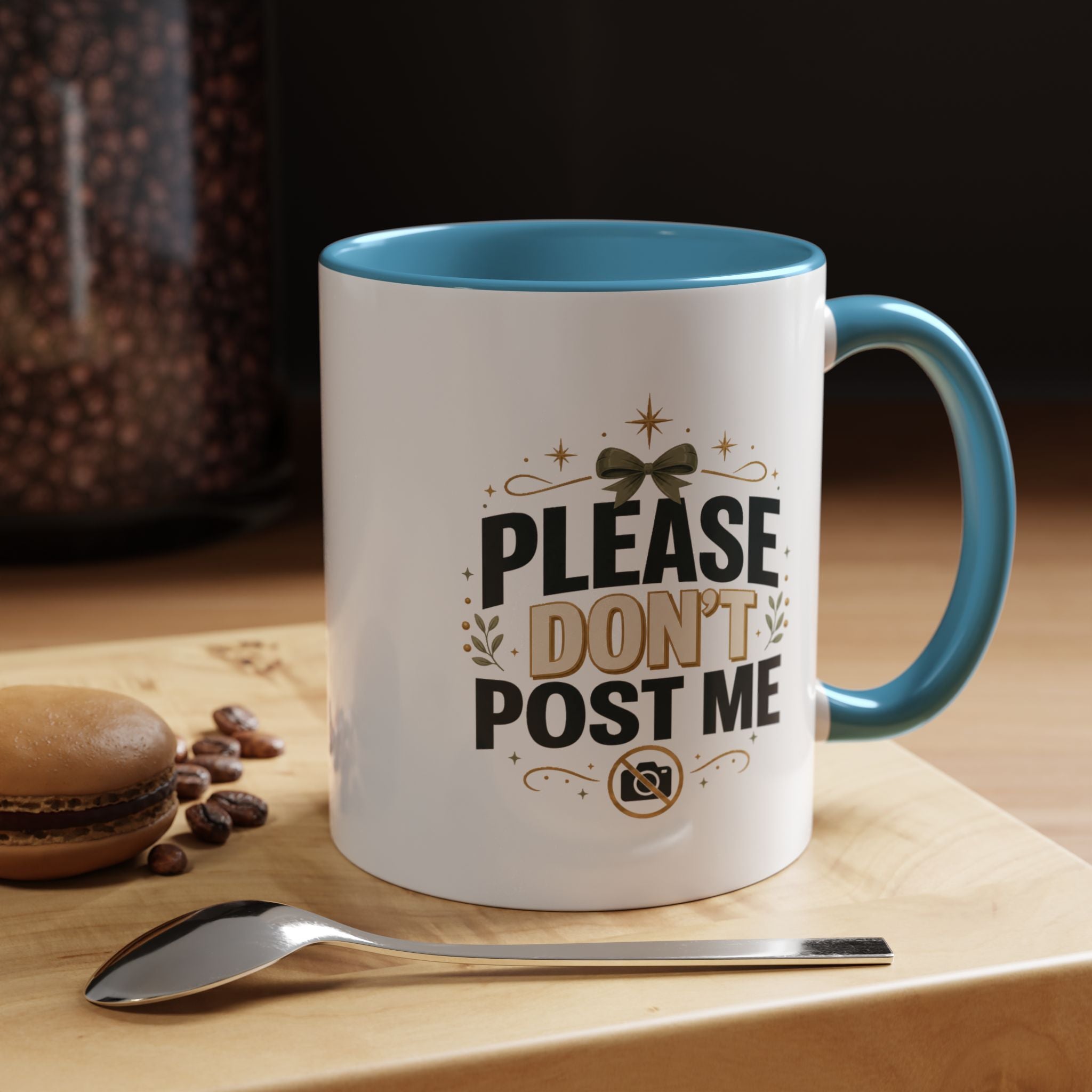 Christmas Please Don't Post Me Accent Coffee Mug — Funny Privacy Camera Gift