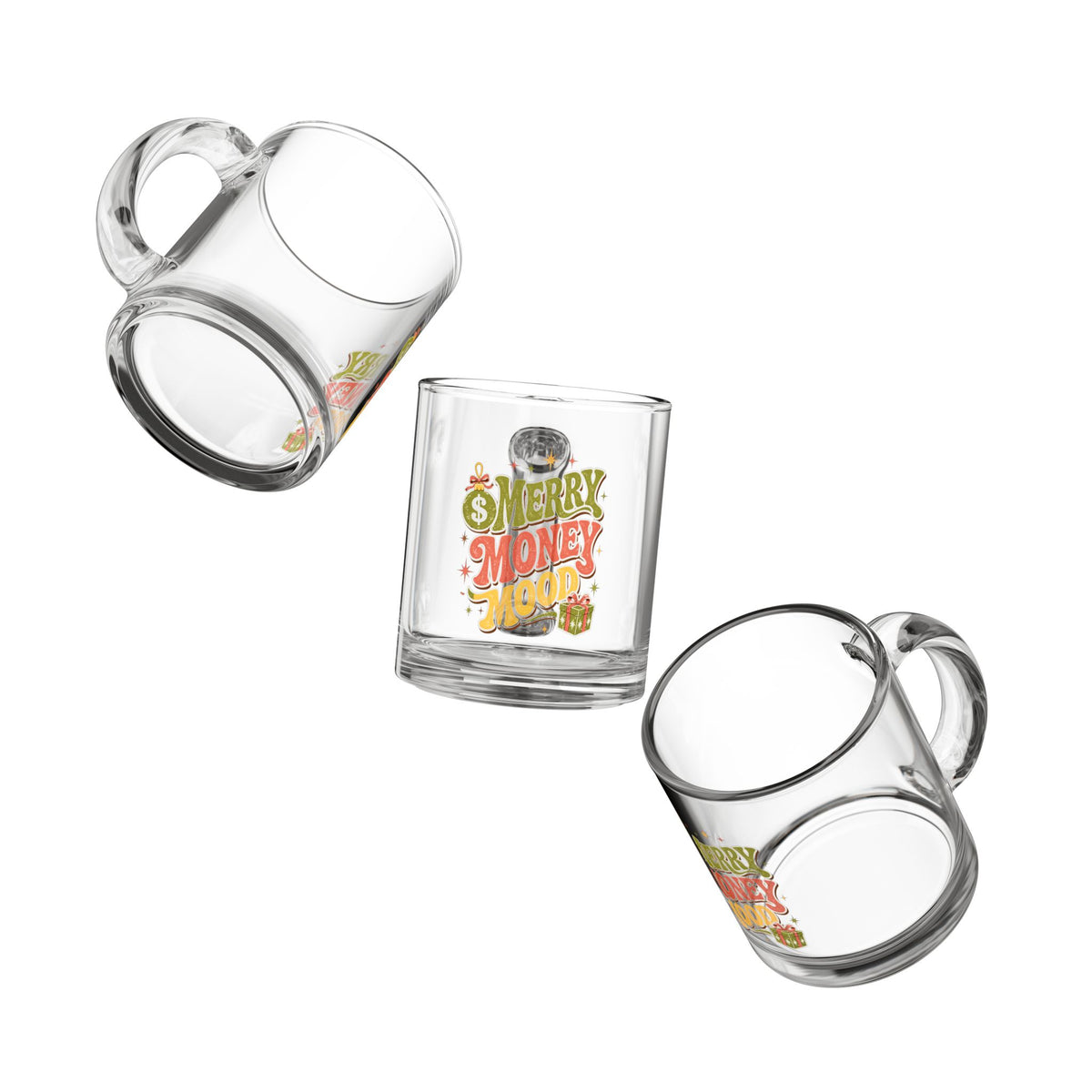 Modern Day Christmas Glass Mug  10oz Glass Mug — Merry Money Mood Holiday Coffee Cup