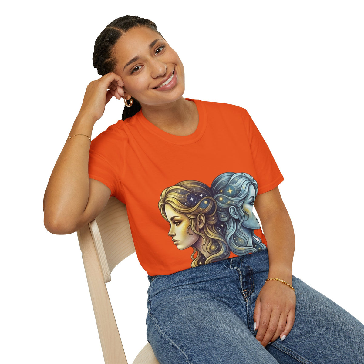 Zodiac Gemini Sun & Moon T-Shirt — Dual Faces Cosmic Design