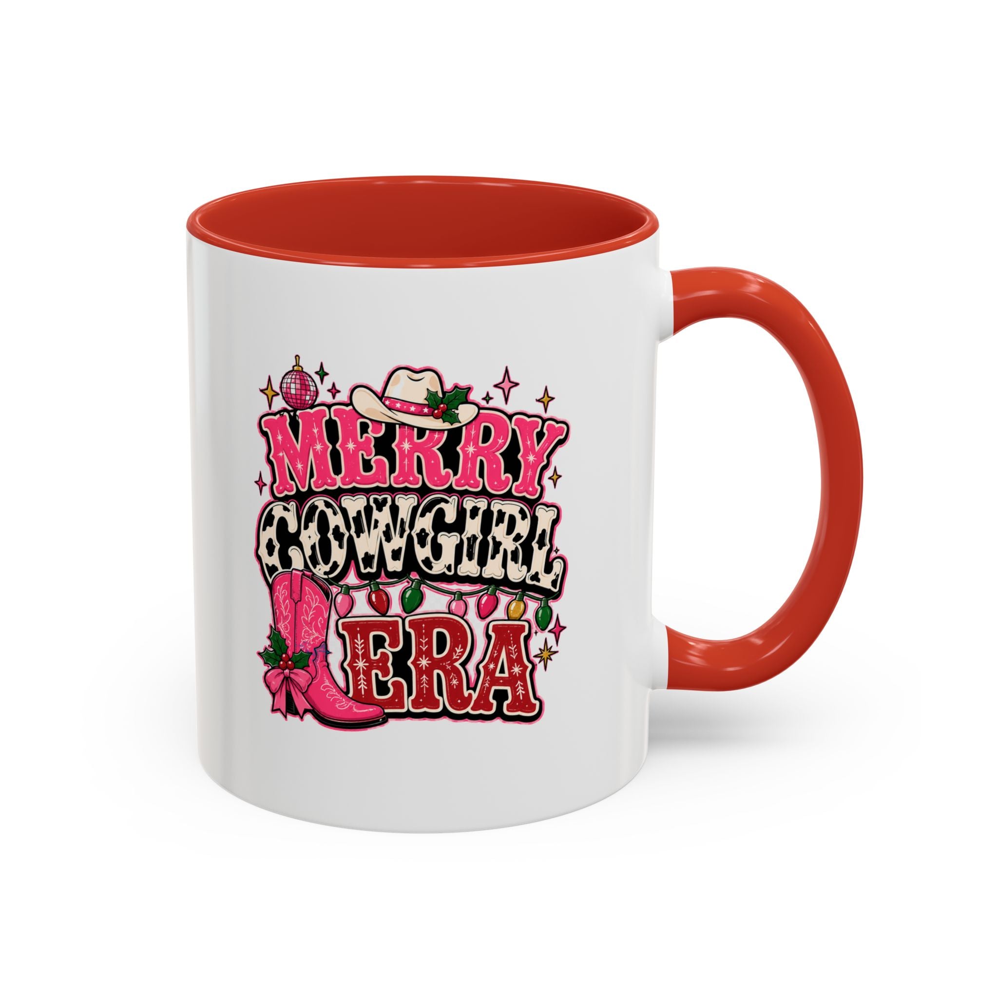Modern Day Christmas Merry Cowgirl Era Accent Coffee Mug — Festive Pink Western Cowboy Boots & Hat Mug