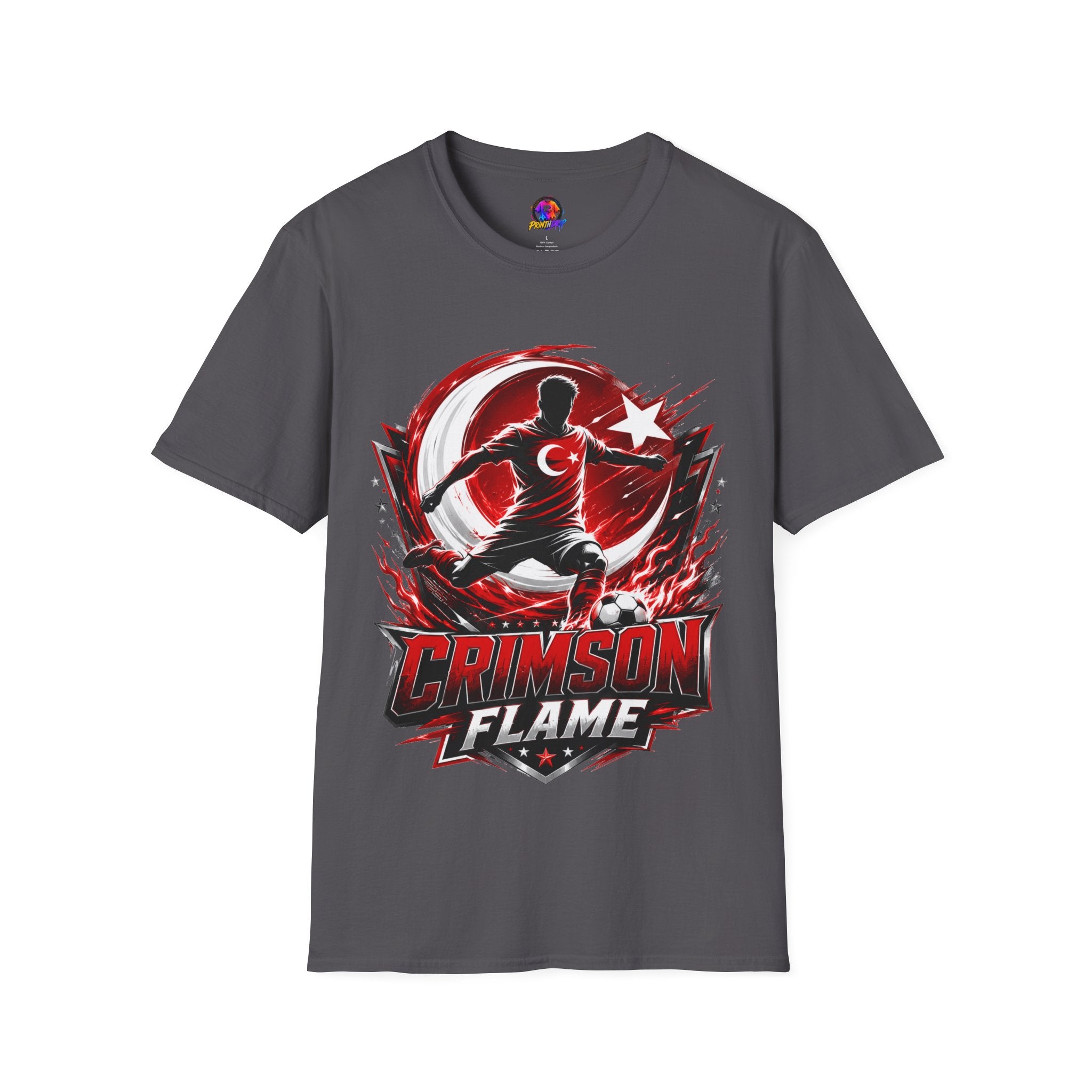 Turkey Crimson Flame Soccer T-Shirt — Turkish Crescent & Star Football Fan Tee