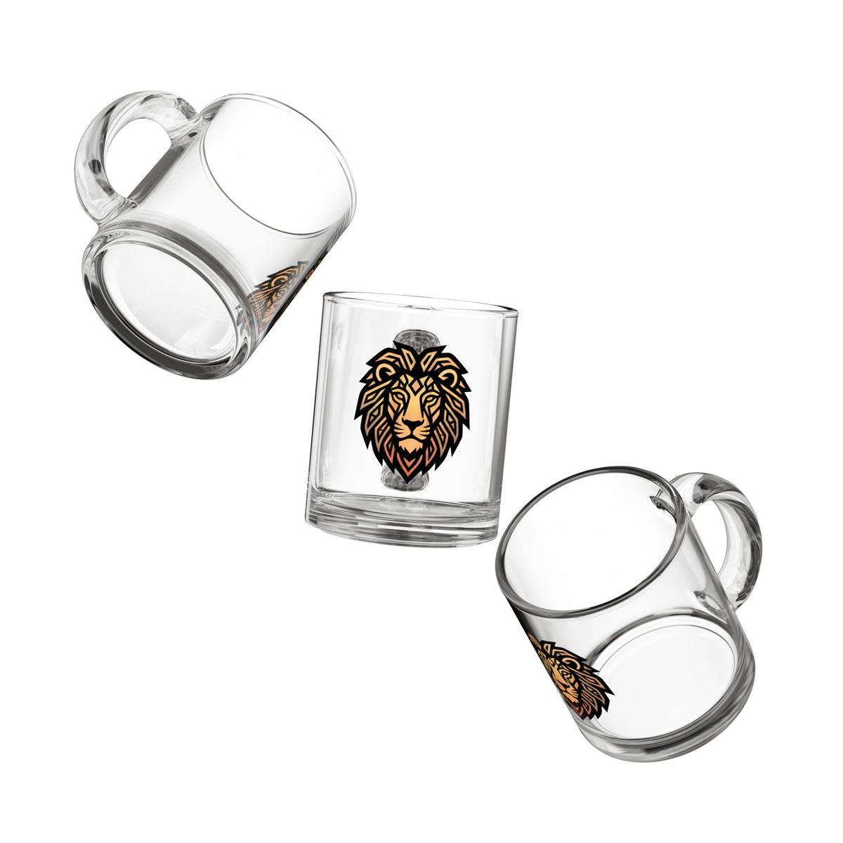 Leo Glass Mug — Geometric Lion Head 10oz Clear Coffee Mug