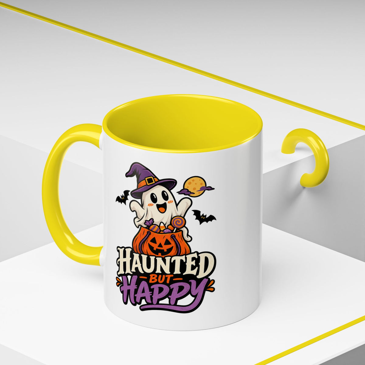 Haunted But Happy Coffee Mug — Halloween Ghost Pumpkin Accent Mug (11/15oz)