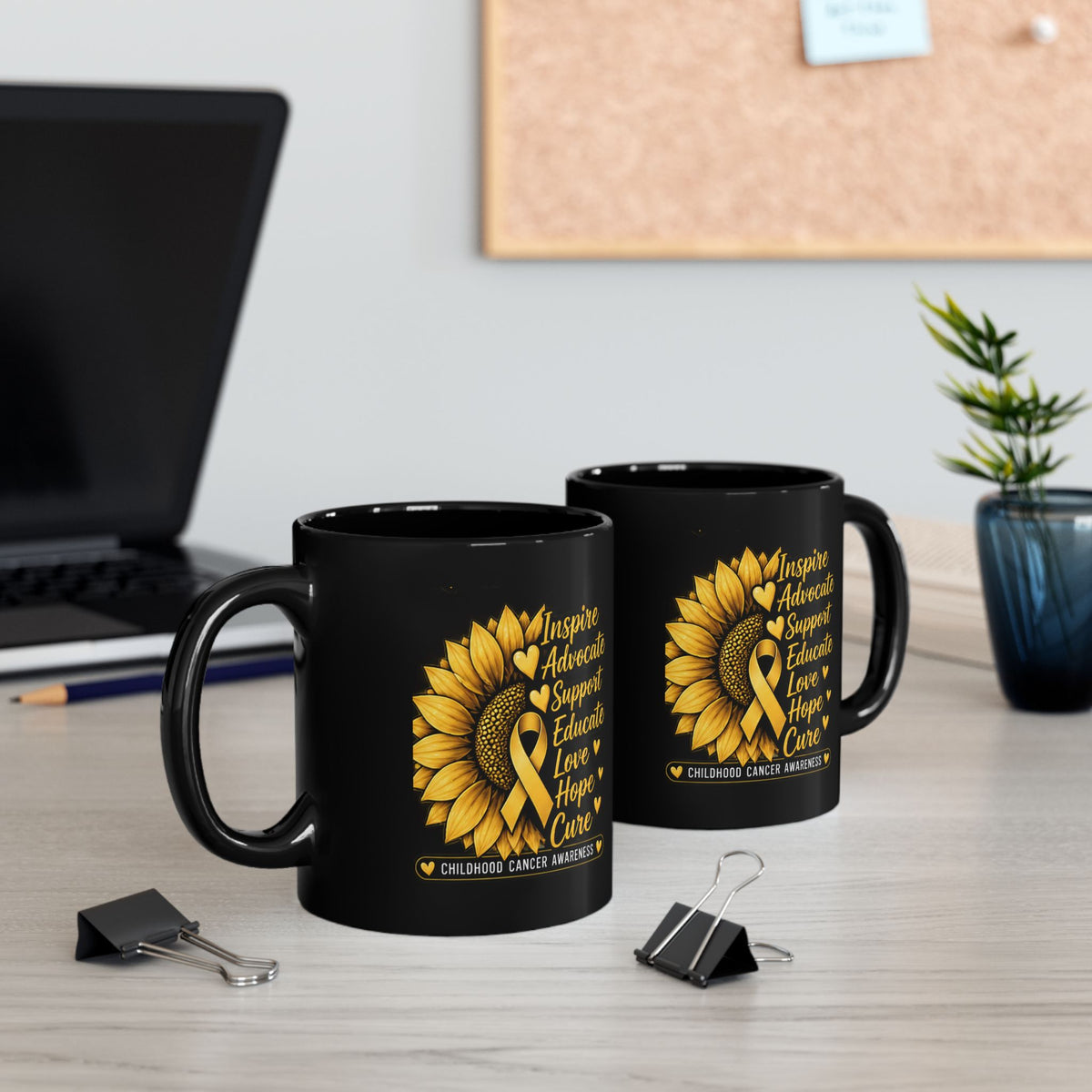 Childhood Cancer Awareness Sunflower Mug – Inspire Advocate Support Educate Love Hope Cure (Black, 11oz/15oz)