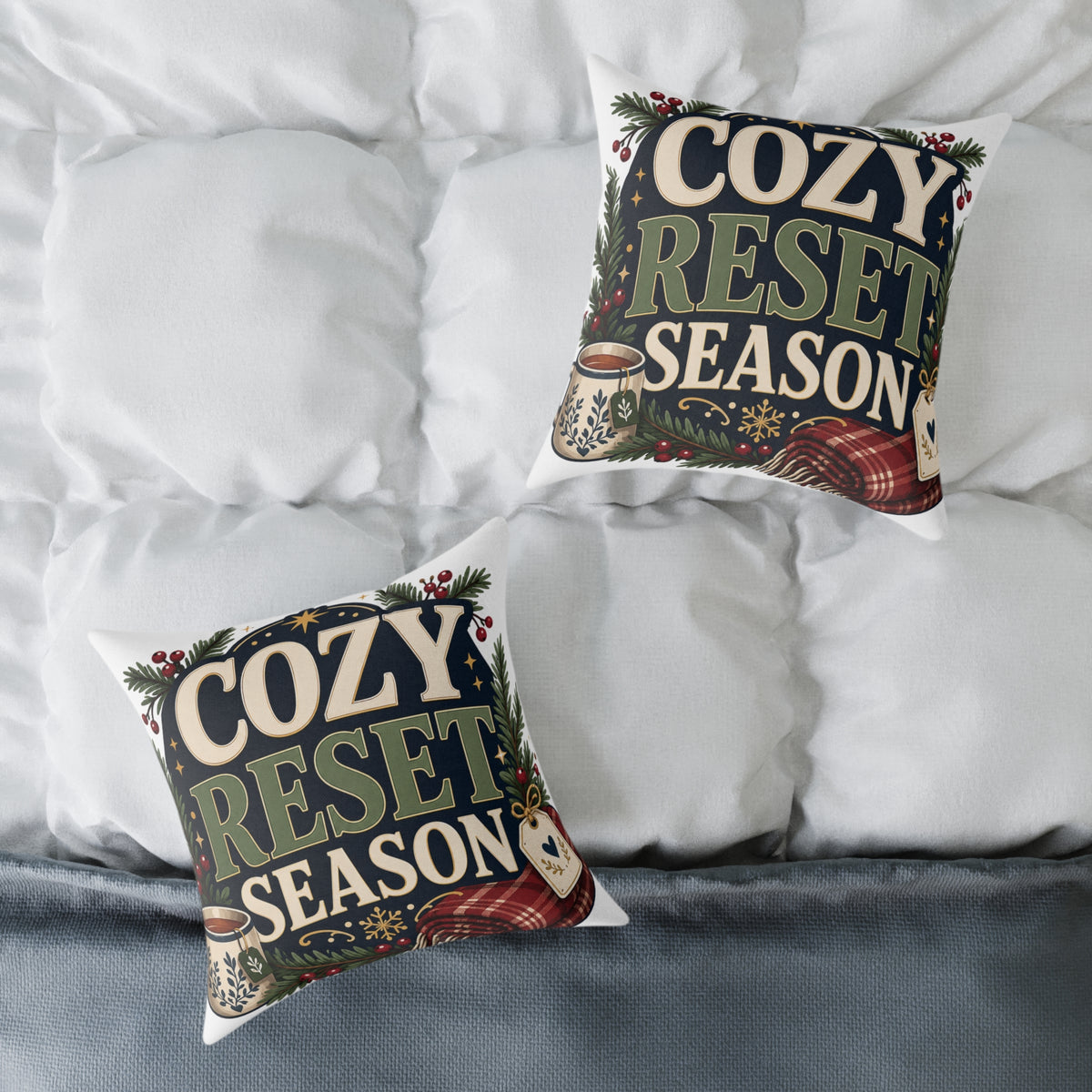 Modern Day Christmas Cozy Reset Season Square Poly Canvas Pillow