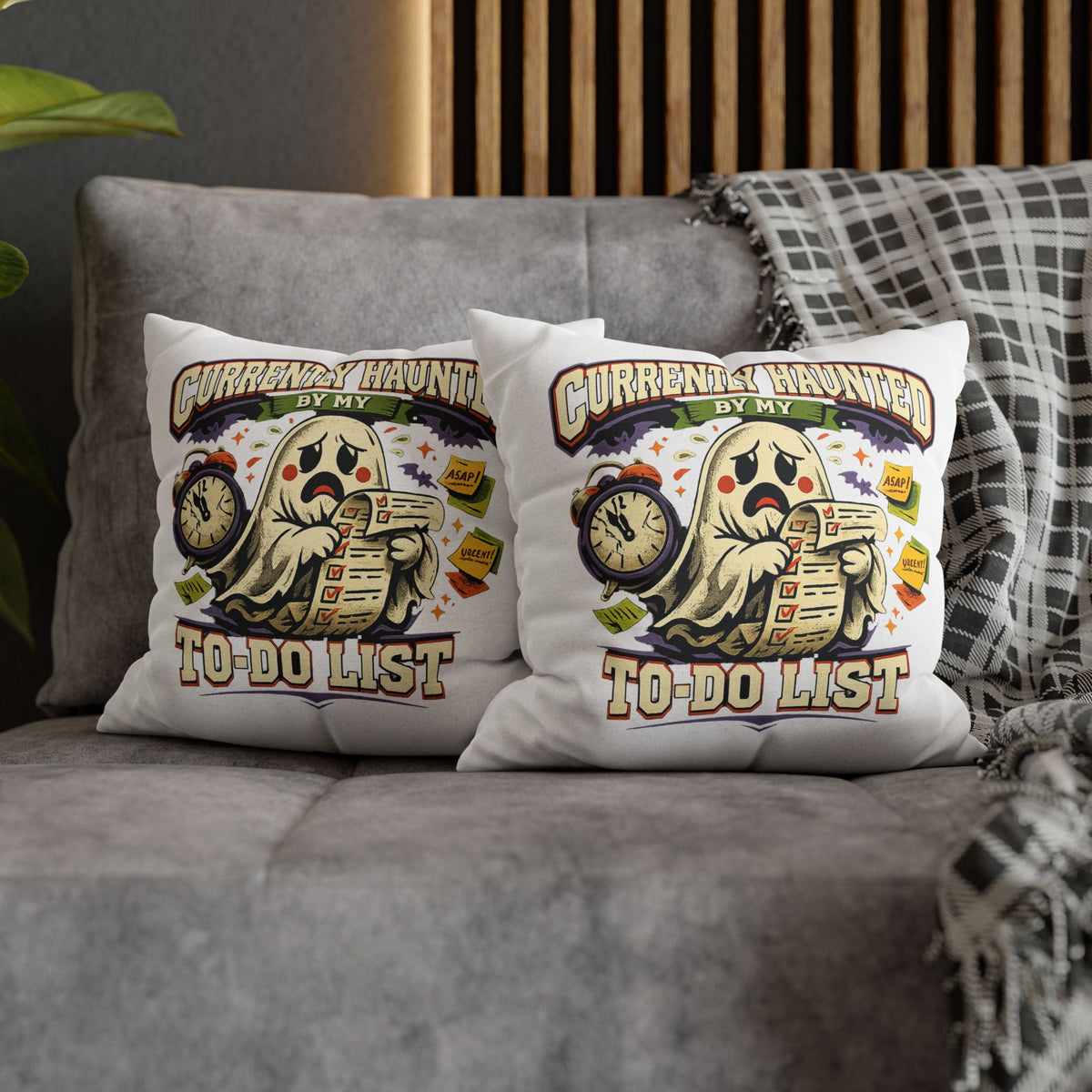 Halloween Ghost Pillowcase — "Currently Haunted by My To-Do List" Decorative Throw Pillow
