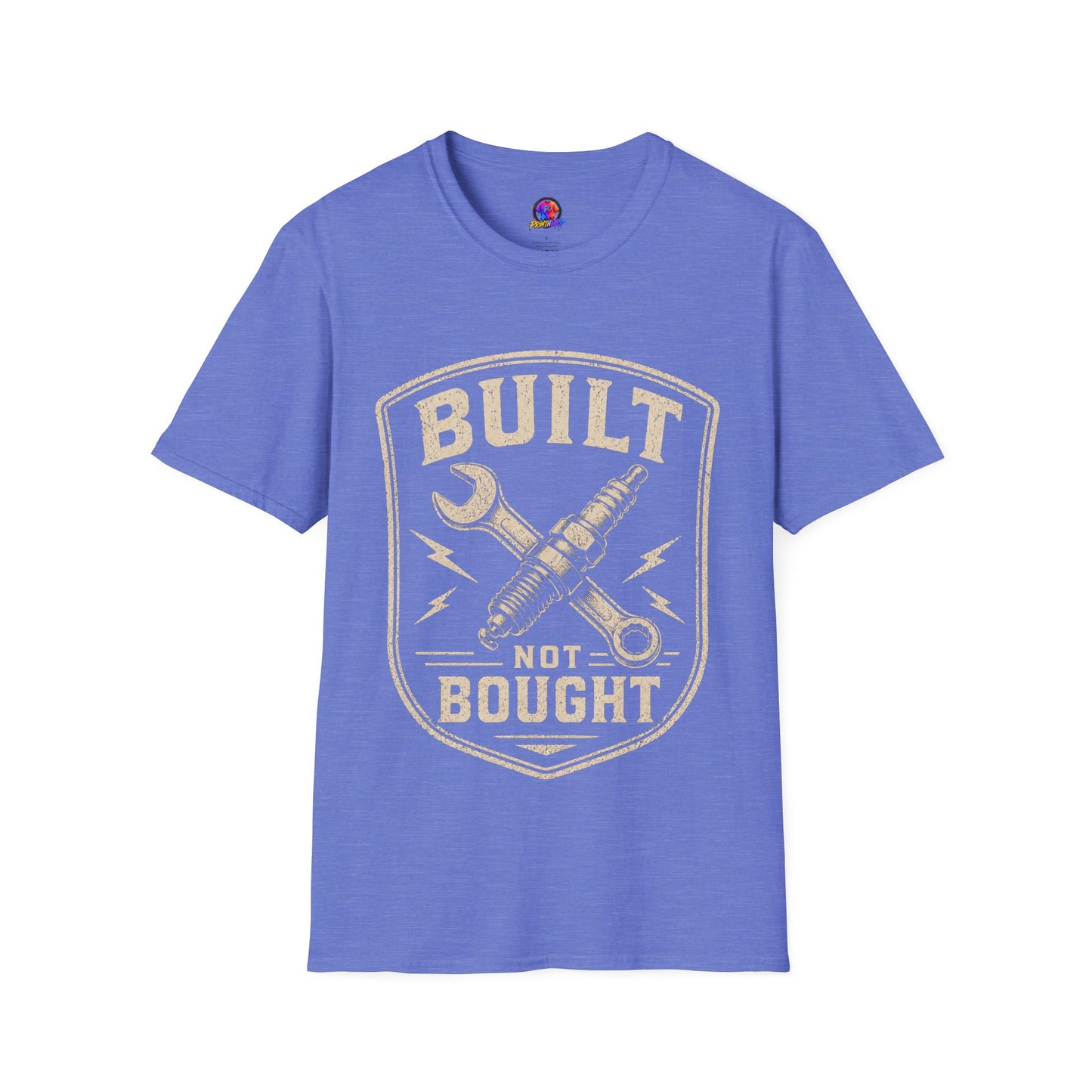 Built Not Bought T-Shirt — Vintage Mechanic Wrench & Spark Plug Design