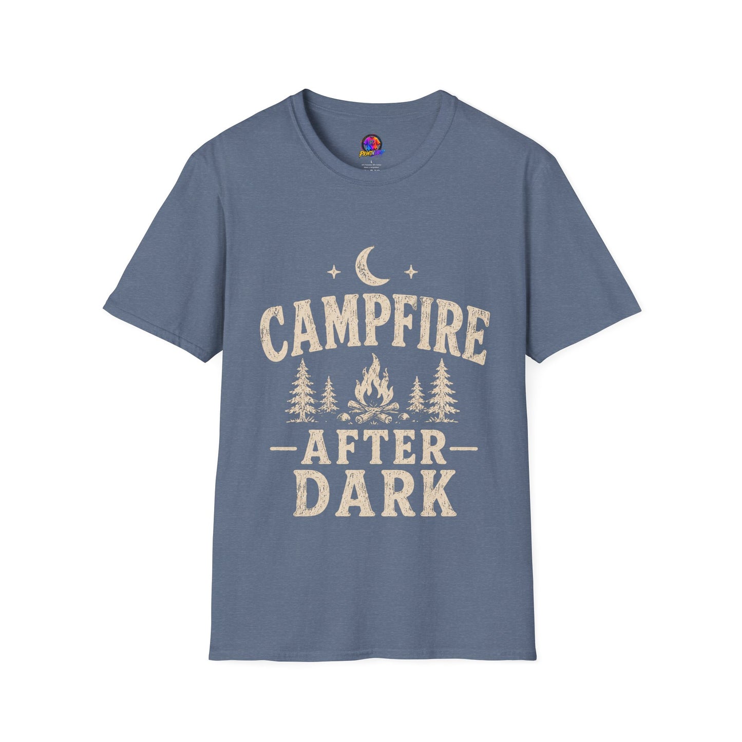 Campfire After Dark T-Shirt — Cozy Camping Moon & Trees Graphic
