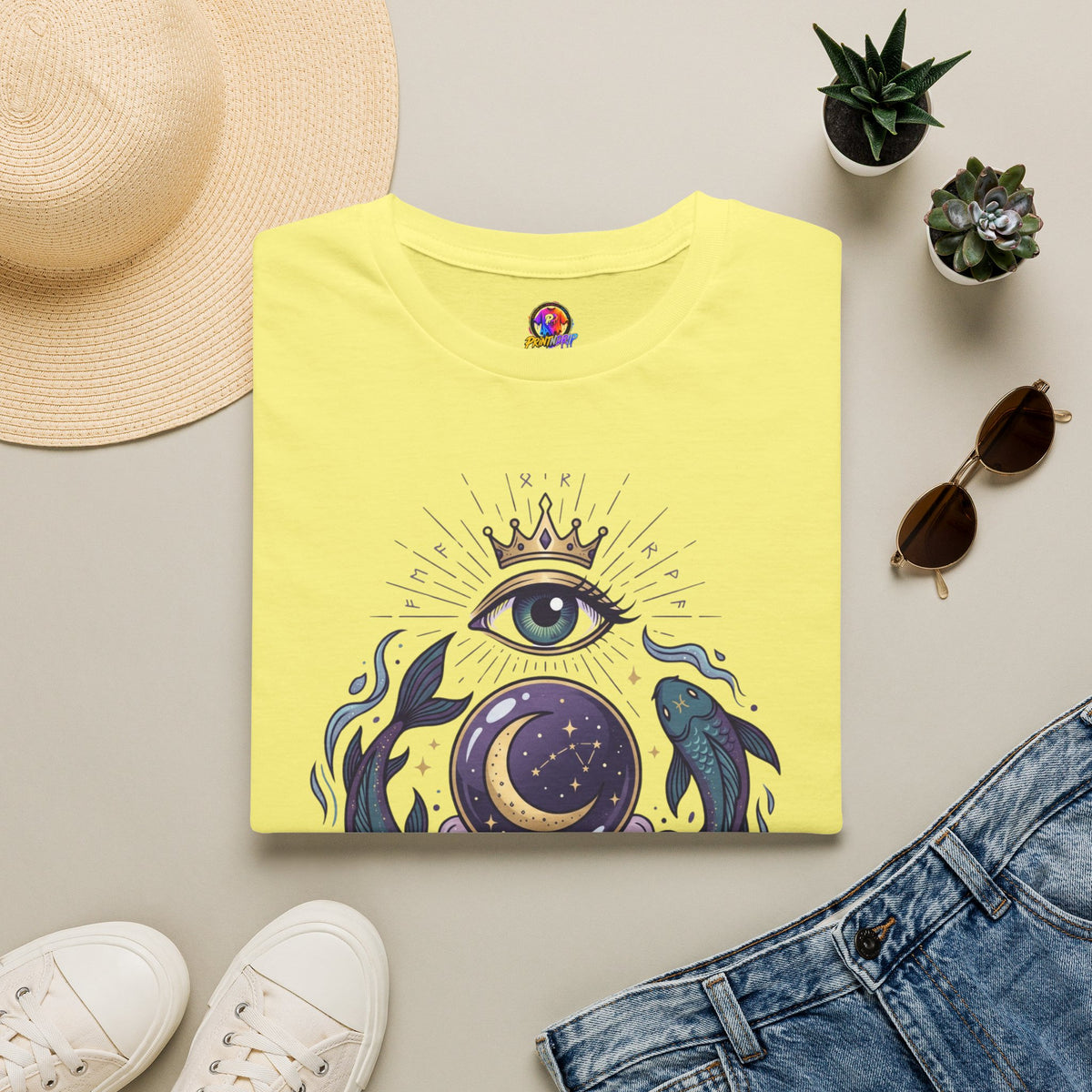 Pisces Mystic Eye T-Shirt — Witchy Astrology Moon & Crown Design