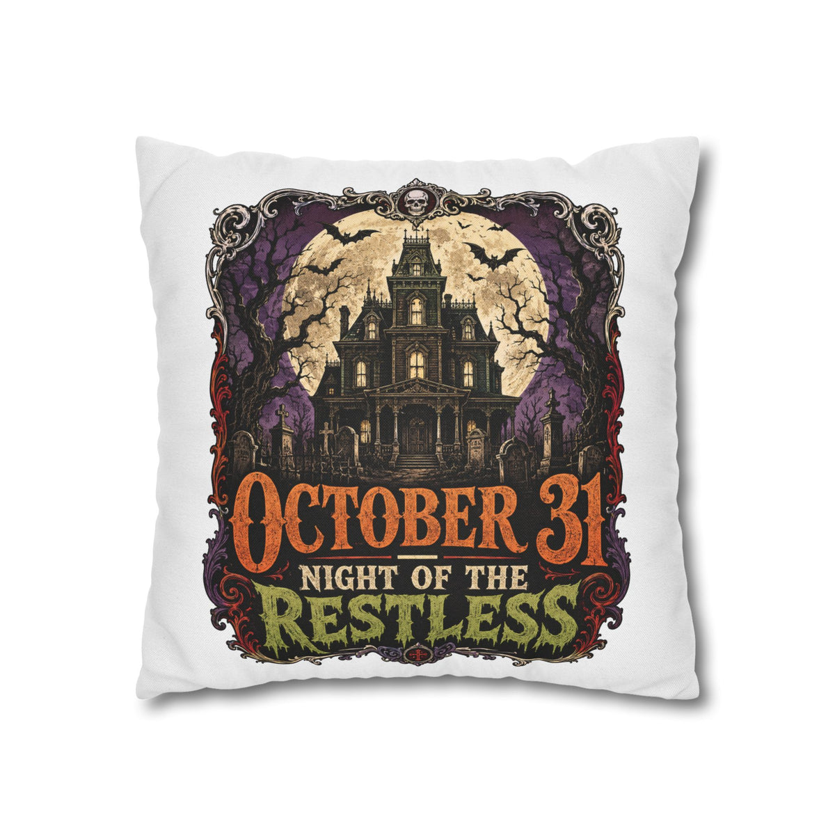 Halloween Pillowcase — "October 31 Night of the Restless" Haunted House Throw Pillow