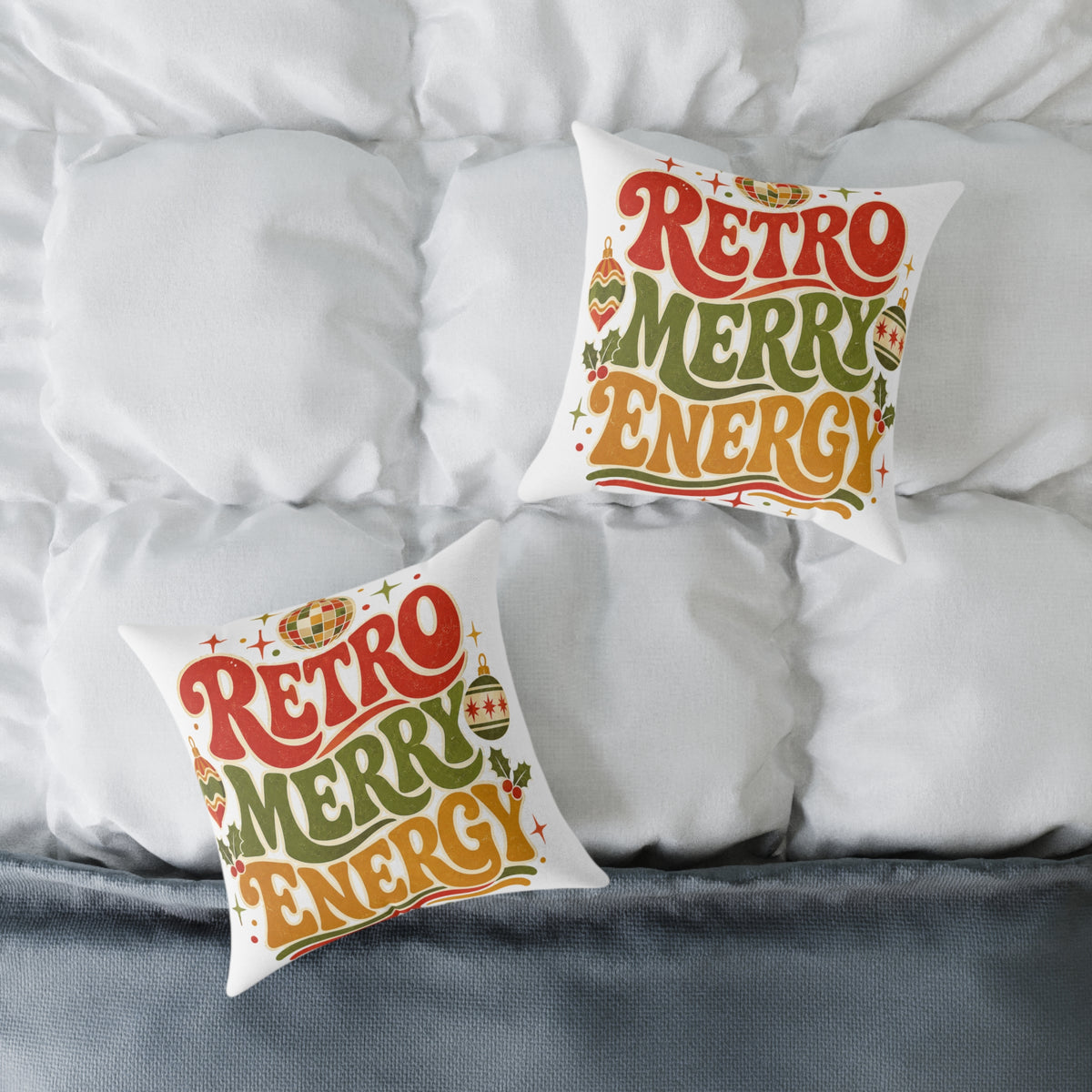 Retro Merry Energy Modern Day Christmas Pillow — Vintage Holiday Throw Pillow with Festive Typography