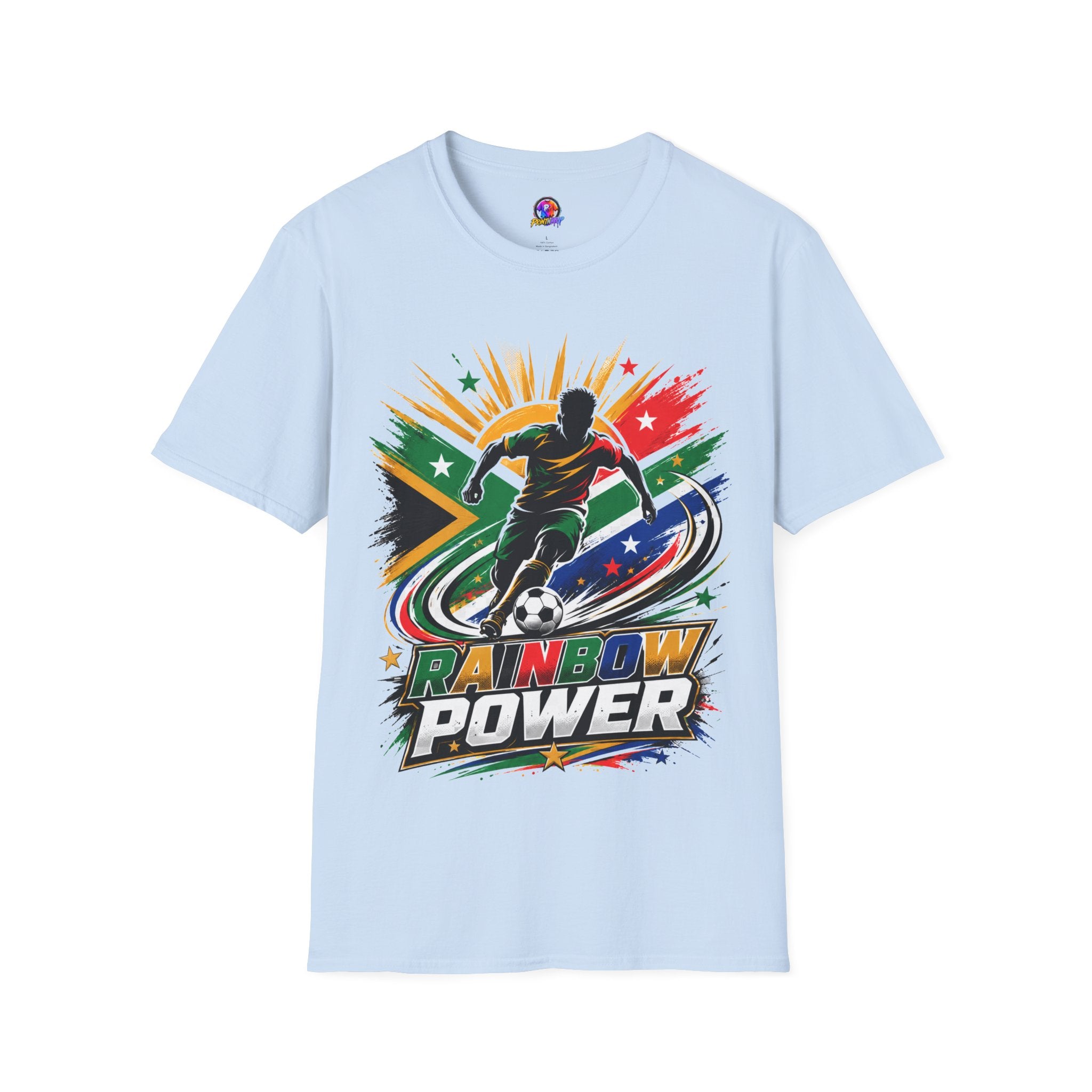 South Africa Soccer Rainbow Power T-Shirt — Colorful Football Player Graphic Tee