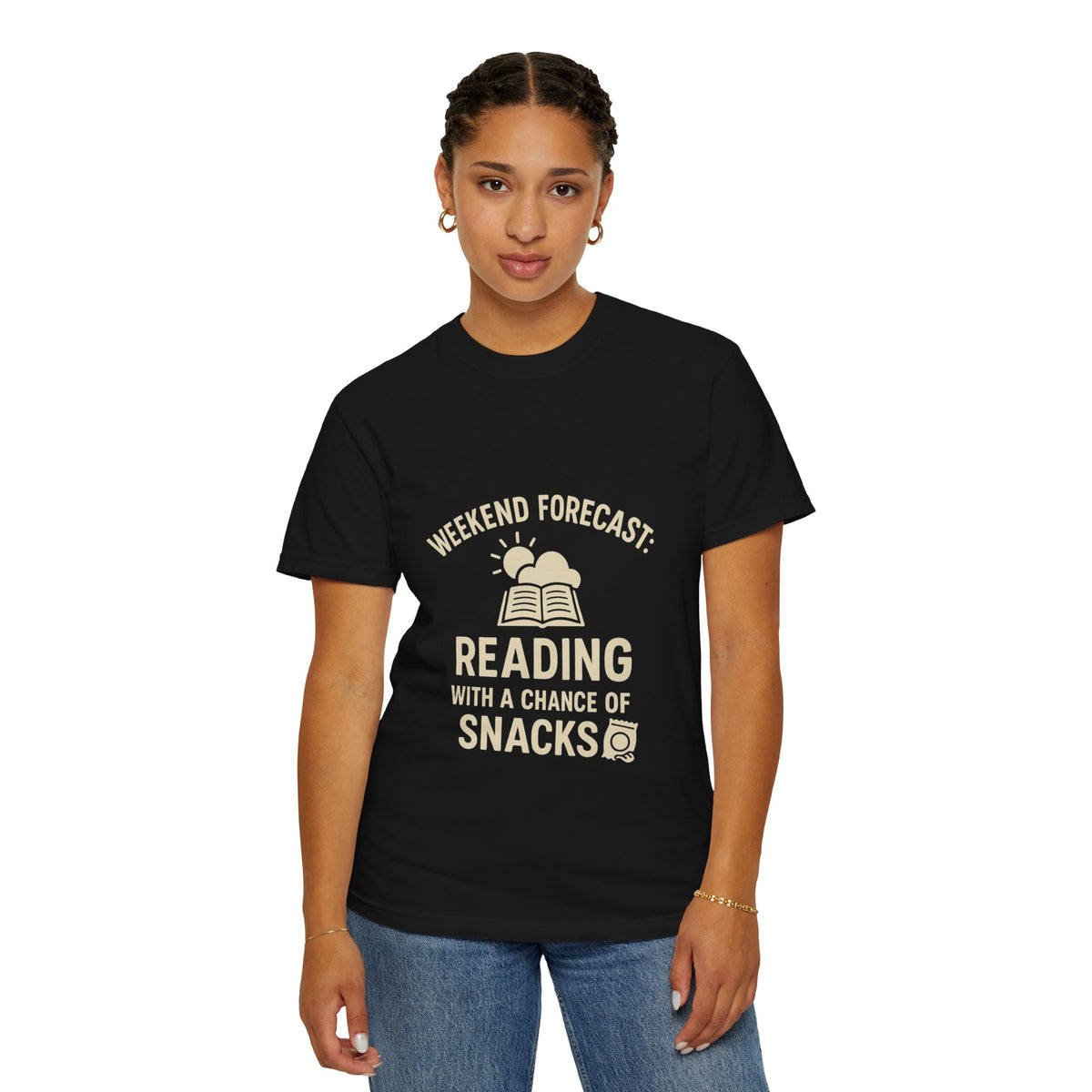 Reading & Snacks T-Shirt — "Weekend Forecast: Reading with a Chance of Snacks" - Trending Now - October 2026
