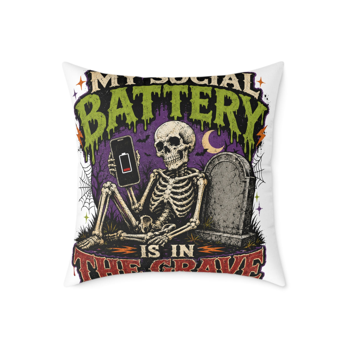 Halloween Skull Pillow — “My Social Battery Is In The Grave” Gothic Decorative Throw Pillow
