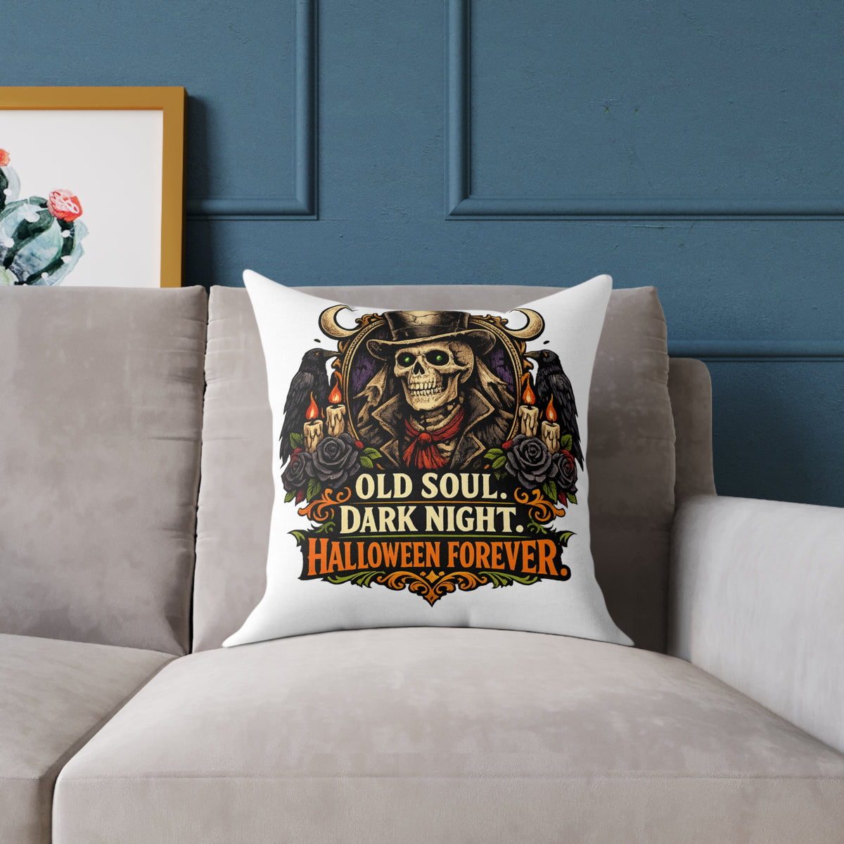 Halloween Skeleton Pillow - "Old Soul, Dark Night. Halloween Forever" Square Decorative Cushion