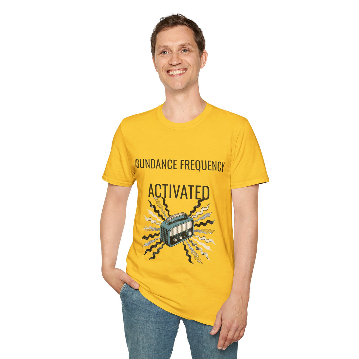 "Abundance Frequency Activated" Retro Radio Tee - Aesthetic Law Of Attraction Manifest White T-Shirt - Trending Now - September 2026