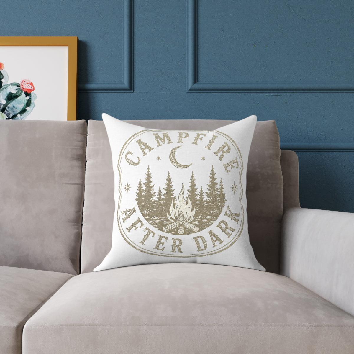 Campfire After Dark Square Throw Pillow Milo Bailey Dog Dad Mom— Rustic Outdoor Cabin Decor