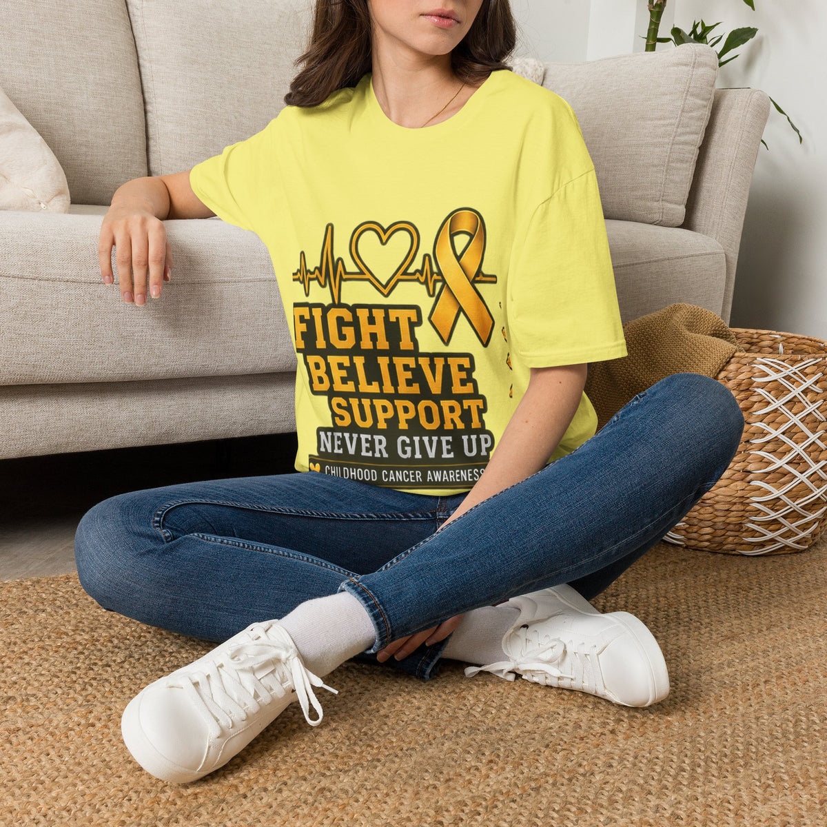 Childhood Cancer Awareness T-Shirt – "Fight Believe Support Never Give Up" Gold Ribbon Tee