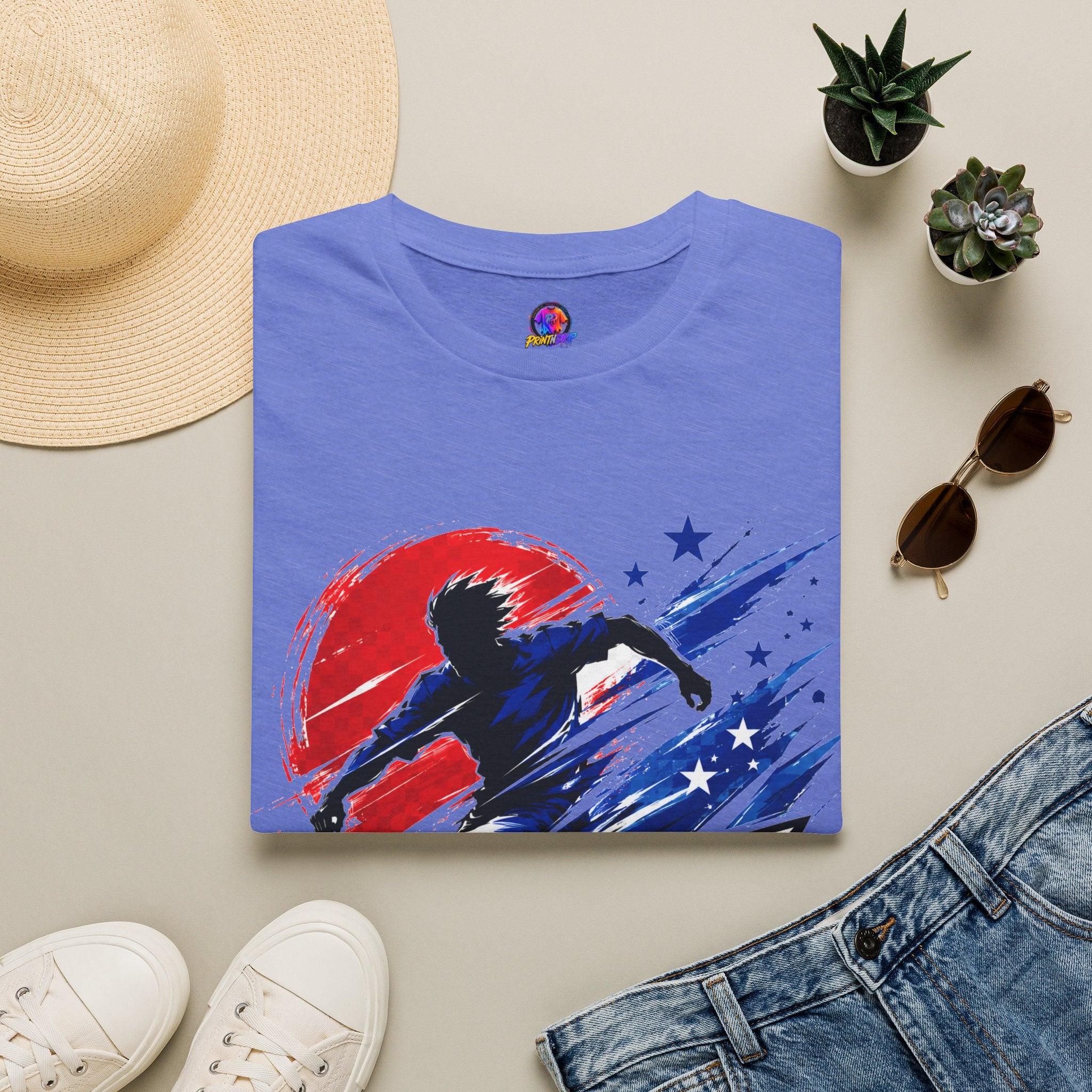 Japan T-Shirt — Blue Blade Soccer Graphic Tee (Red & Blue Starburst)
